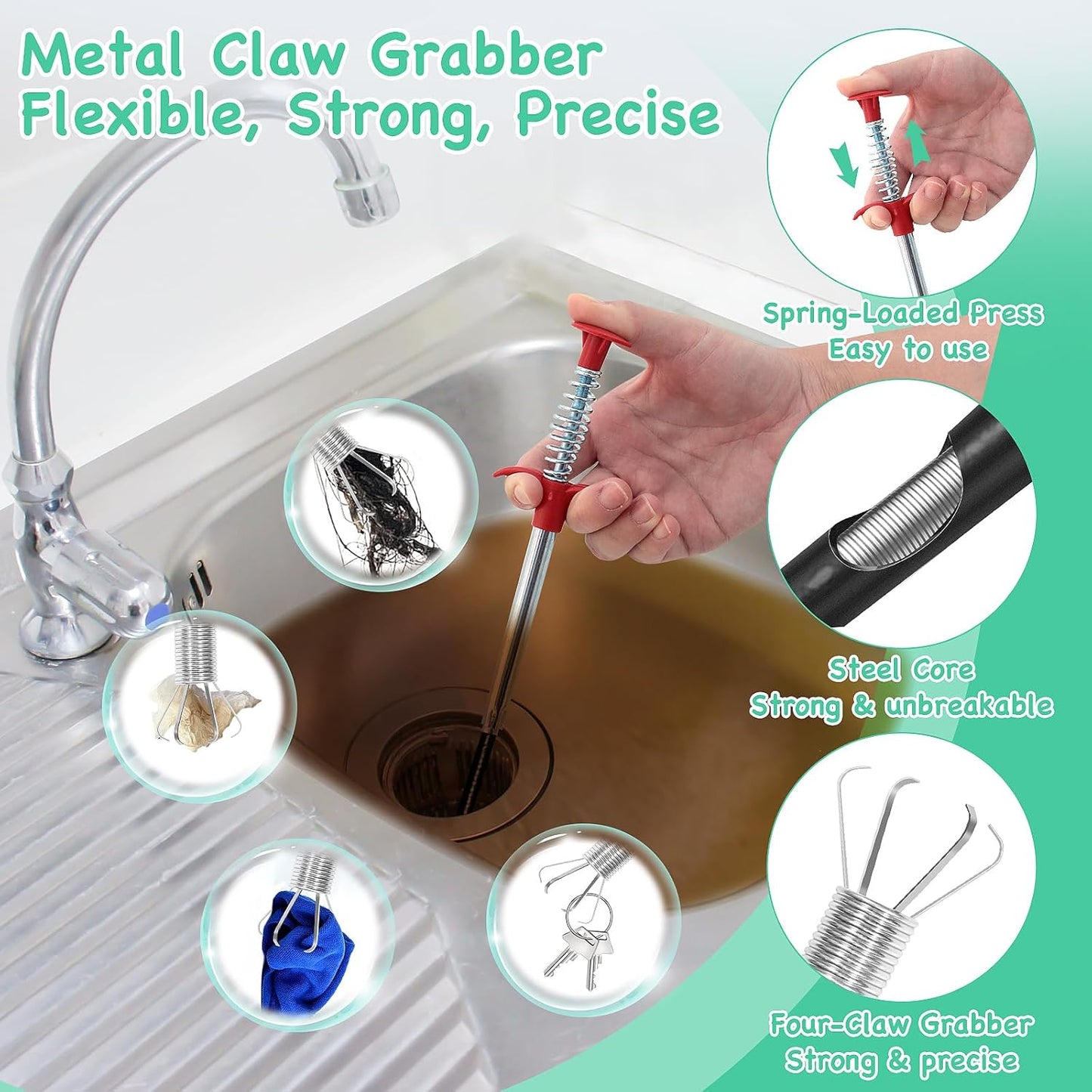 20PCS Drain Clog Remover Tool Set – 59” Drain Snake (2), 37” Snake Drain Hair Removal Tool (2), 25” Plumbing Snake (4), 24” Sink Snake (1), 18” Sink Drain Cleaner Tool (1), Straw Cleaning Brushes (10)