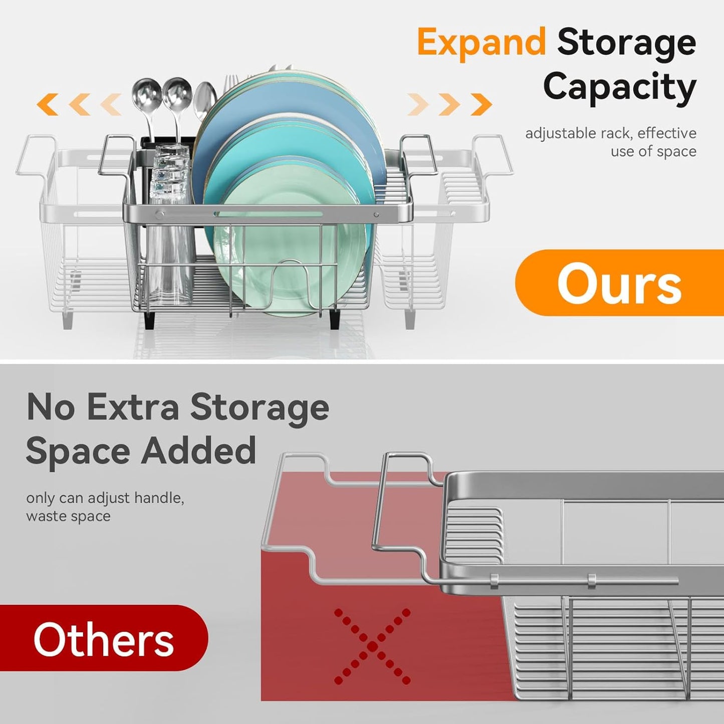 Expandable in Sink Dish Drying Rack, Adjustable Capacity (10.5''-16'') Stainless Steel Over The Sink Dish Drying Rack, Dish Drainer for Kitchen Sink Counter with Utensil Holder