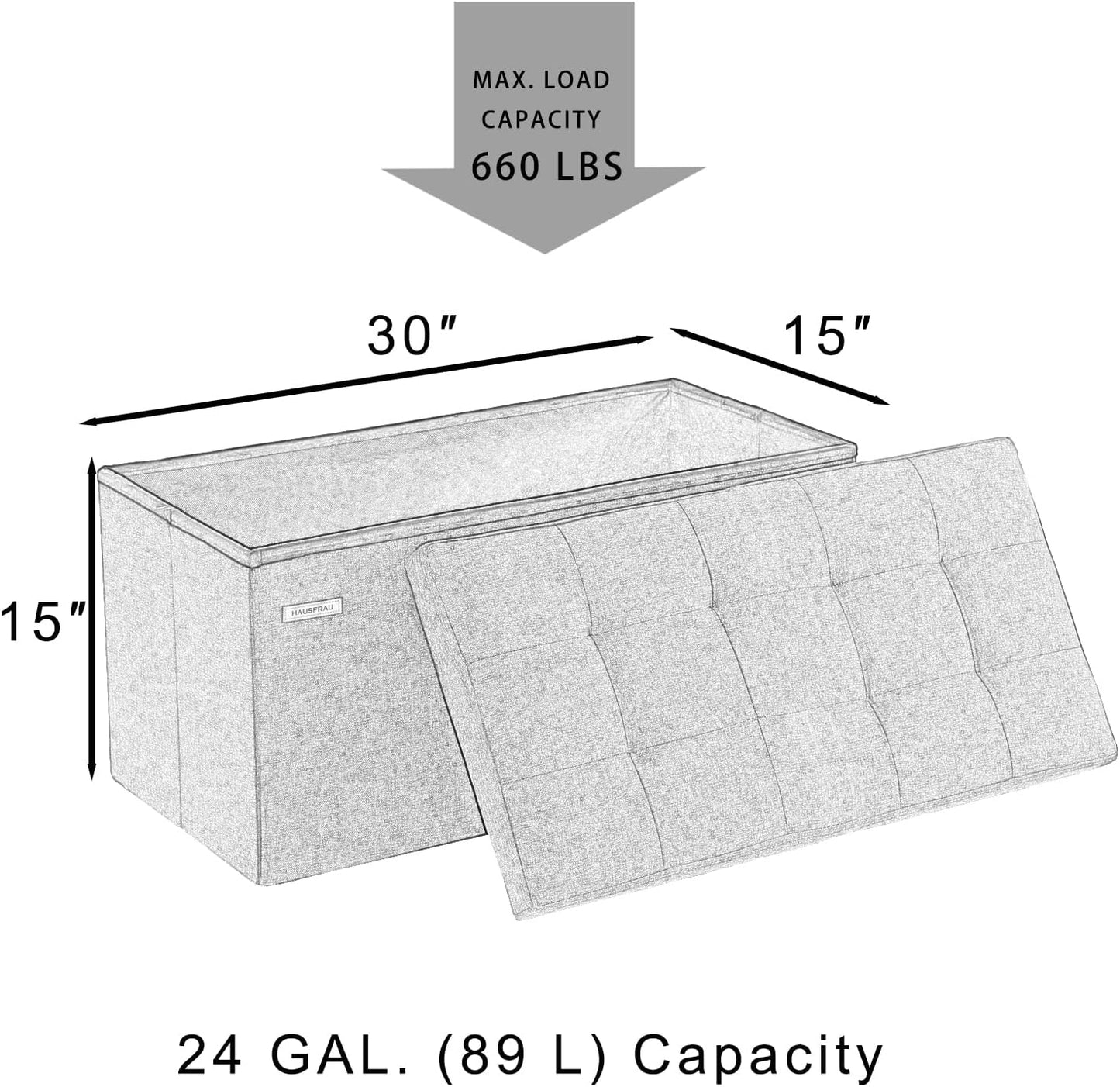 HAUSFRAU - 30 Inches Storage Ottoman Bench with Flipping Lid, Foldable Storage Chest Foot Rest for Living Room, Bedroom, Entryway, Load 660 lb, Linen Black