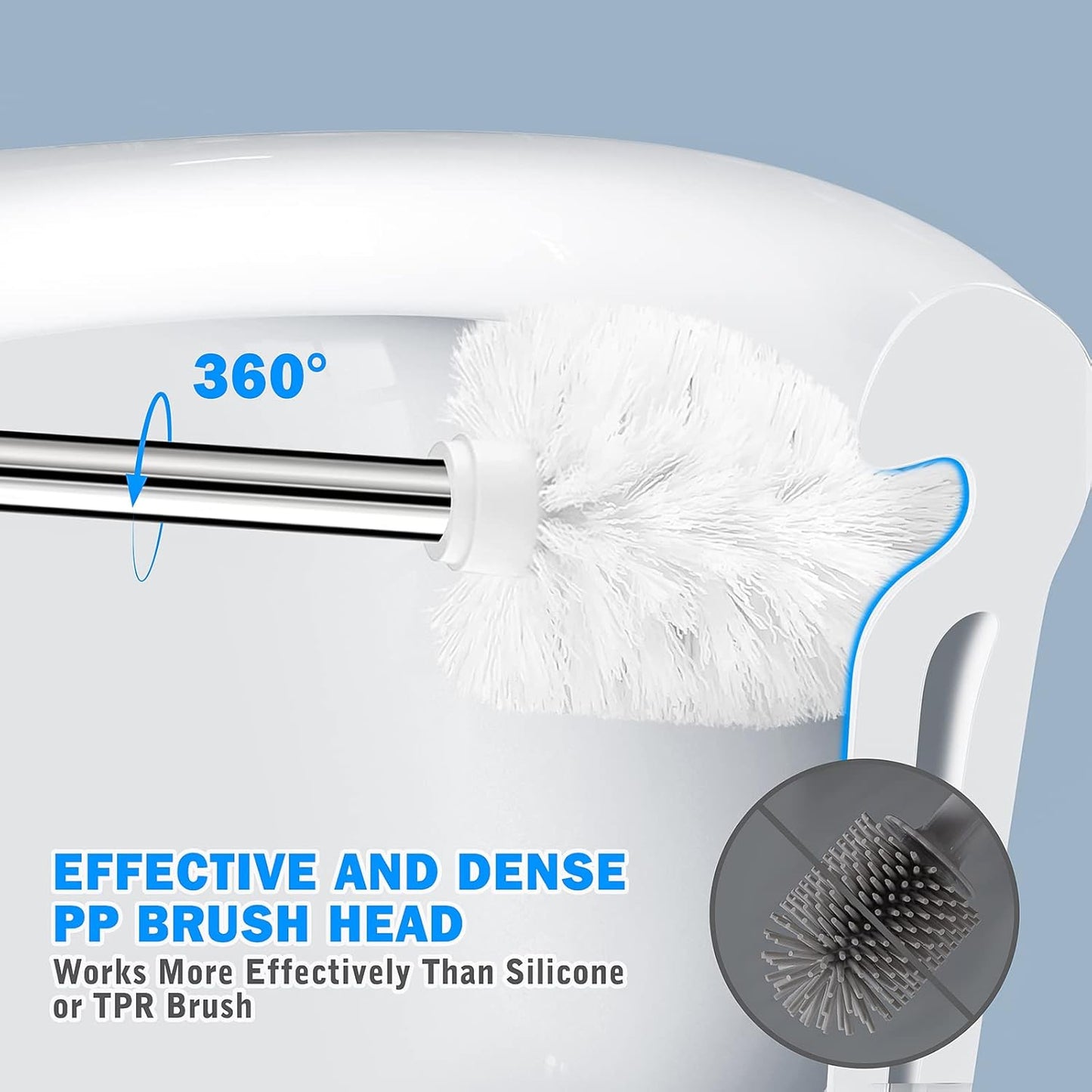 Toilet Brush and Holder, Toilet Brush with 304 Stainless Steel Long Handle, Toilet Bowl Brush for Bathroom Toilet-Elegant-Cleaning-Bristles(White)