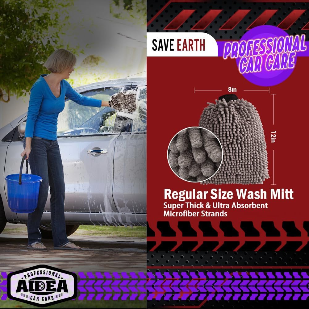 AIDEA Car Wash Mitt Microfiber-2Pack, Scratch-Free& Lint-Free, Premium Chenille Microfiber Wash Mitt-Grey Extra Large Size (8''X12'')
