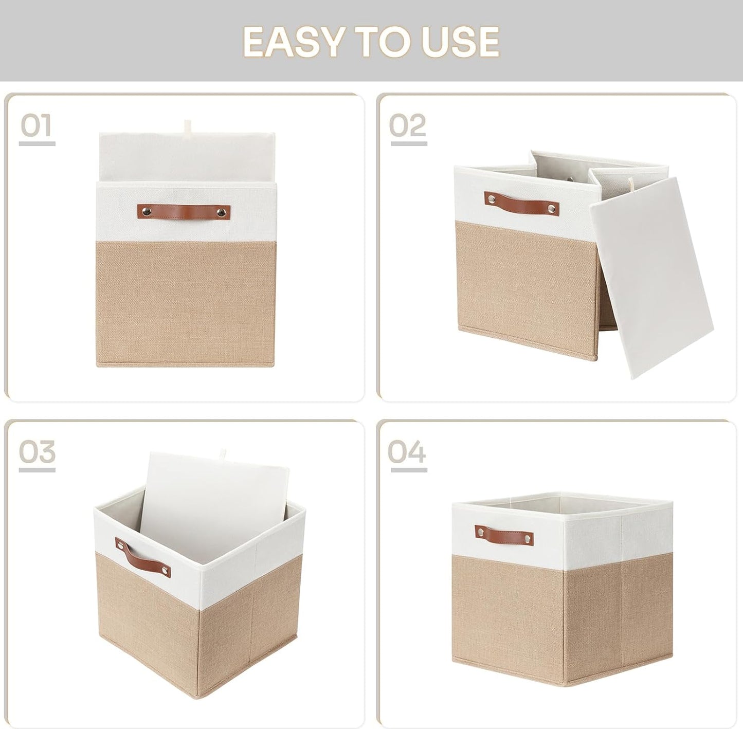HNZIGE Fabric Storage Baskets Cubes Bins for Shelves, 11 x11 Foldable Storage Bins, Decorative Storage Basket with Leather Handles for Storage Clothes Home Nursery(White Beige-4Pack)