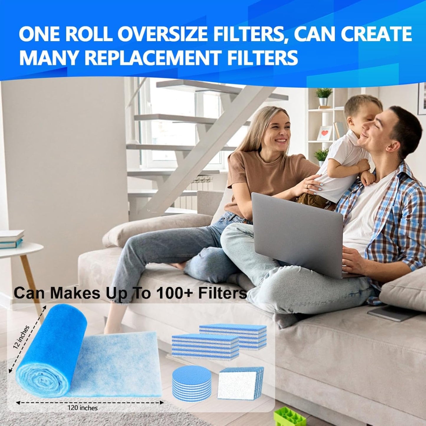 2 Rolls 12" x120" Air Vent Filters, Cut to Fit Air Filter (100+ Filters), MERV 8 Triple Vent Filter for Home Floor, Ceiling, RV, HVAC Furnace Vents, With Adhesive Hook Tape and Installation Tape