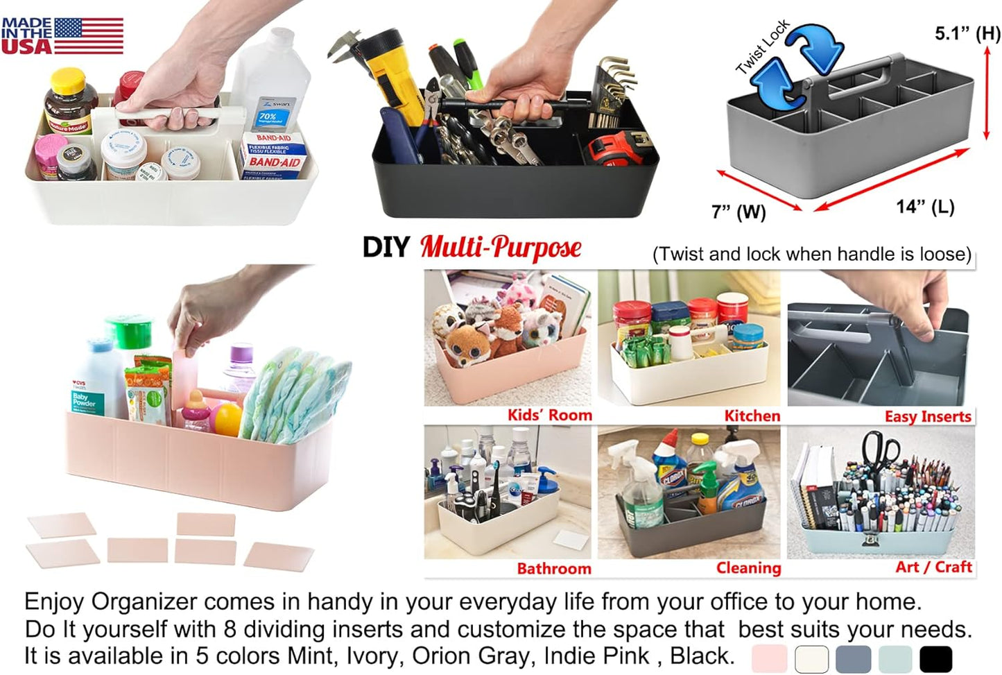 2 PACK Portable DIY 8 Dividers Durable Plastic Tote Tool & Supply Cleaning Caddy with Handle Made In USA (Royal Purple)