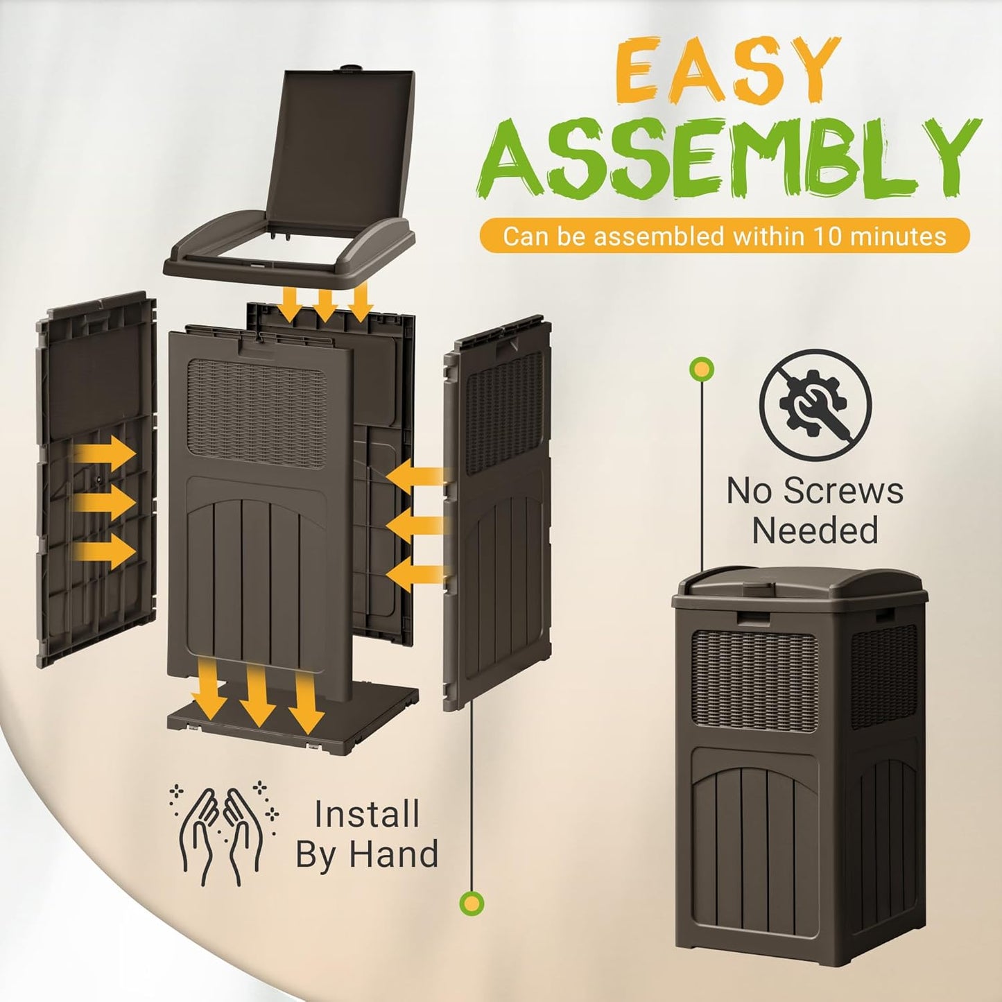 YESHOMY 33 Gallon Resin Outdoor Trash Can with Lid, Hideaway Waterproof Patio Garbage Bin, Brown