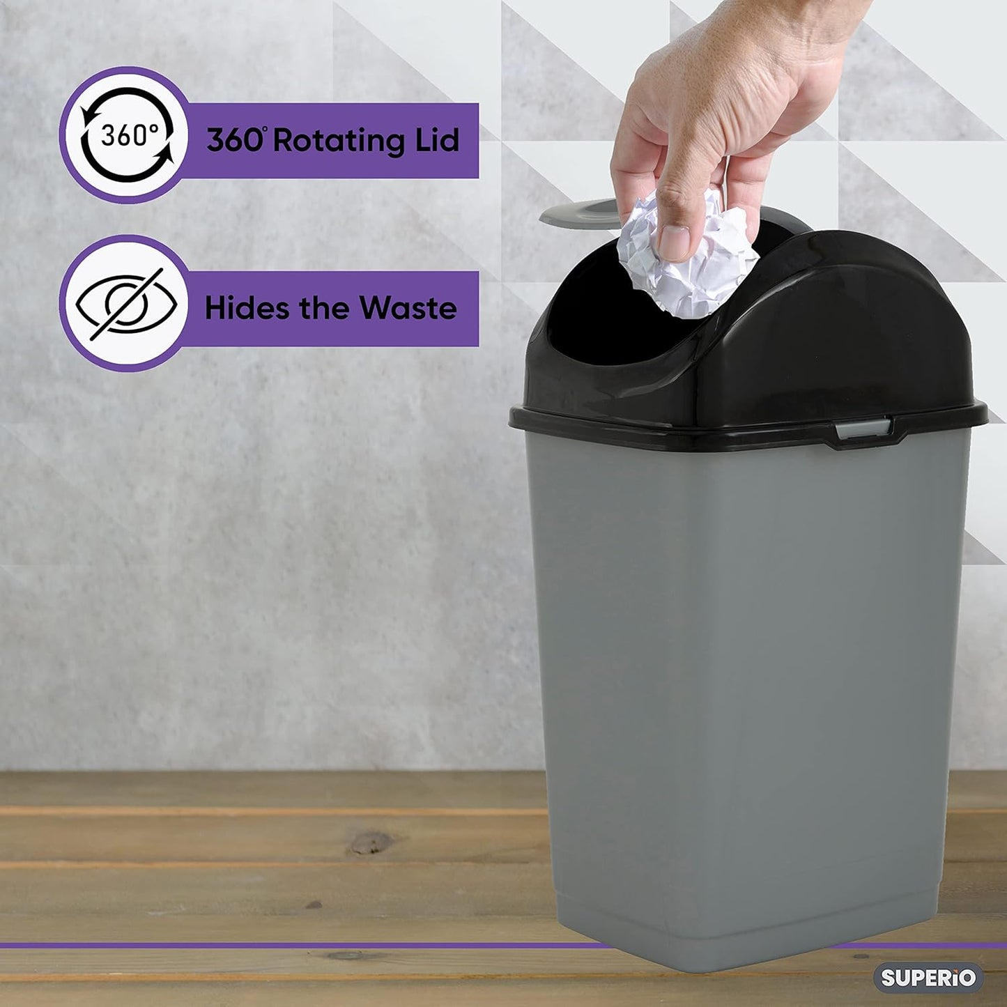 Superio Small 2.5 Gallon Plastic Trash Can with Swing Top Lid, Compact Slim Waste Bin for Under Desk, Office, Bedroom, Bathroom, Dorm Room, 10 Qt. Portable Garbage Can (Grey/Black)