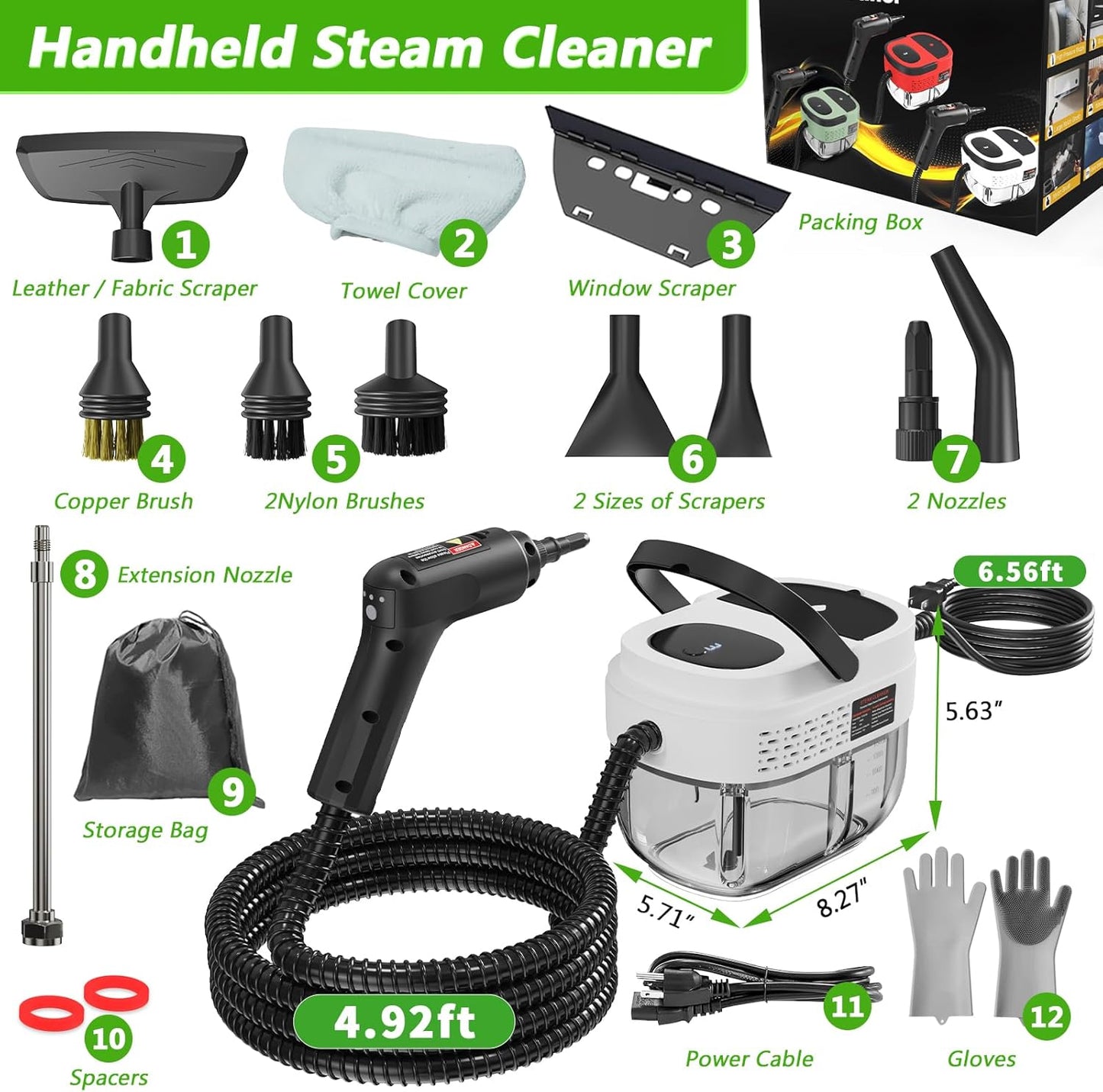Handheld Steam Cleaner, 2500W High Pressure Steamer for Cleaning, Portable Steam Cleaner with 1.6L Water Tank, 3 Levels Adjustable Handle, Steam Cleaner for Home, Car, Furniture, Bed Bugs (White)