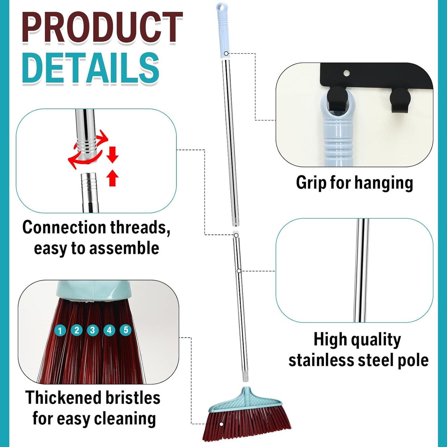 Lasnten 8 Pcs Heavy Duty Broom Commercial Set 49" Stainless Steel Detachable Handle Indoor and Outdoor Floor Brooms for Home, Garage, Kitchen, Office, Patio Cleaning, Warehouse