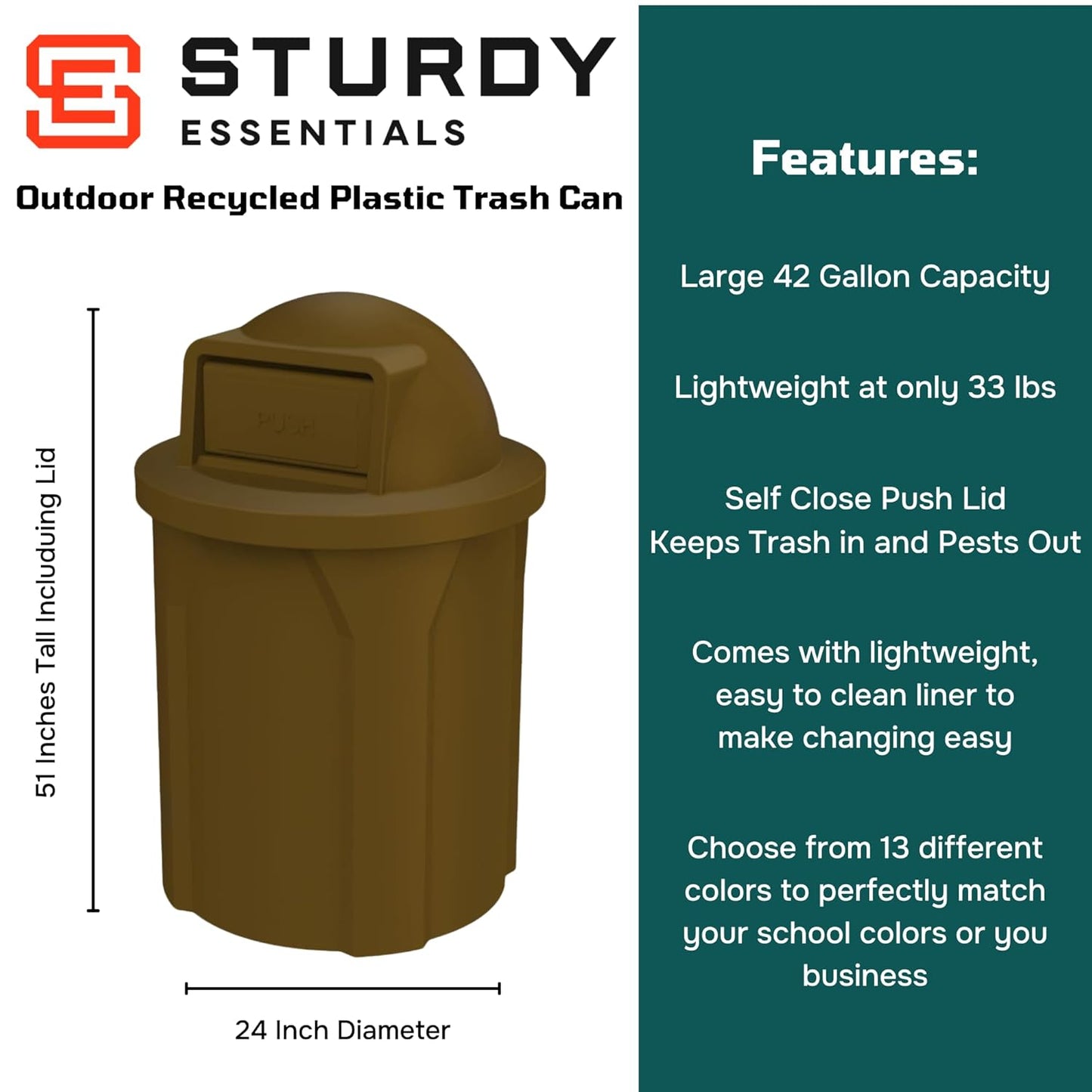 42 Gallon Round 100% Recycled Plastic Heavy-Duty Commercial Outdoor and Indoor Trash Can with Push Open Dome Lid and Internal Liner | Great for Schools and Businesses - Brown
