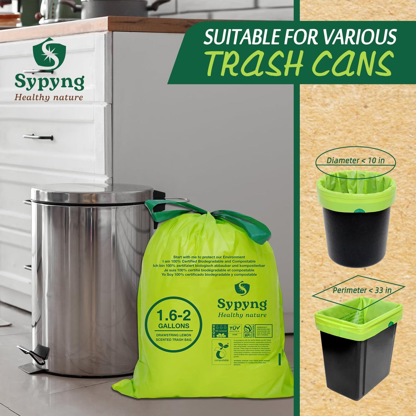 Compostable Kitchen Trash Bags 1,6-2 Gallon (100-Pack) - Heavy-Duty 1.1 Mil, 100% Biodegradable, ASTM D6400, BPI & OK Compost HOME Certified, Eco-Friendly, Leakproof & Odor Control