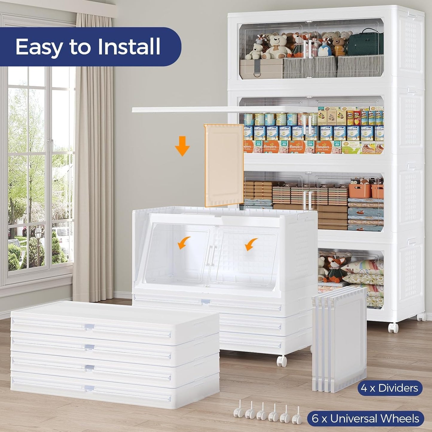 150GAL Extra Large Storage Bins with Lid, 600Qt Stackable Closet Organizers and Drawers, Collapsible Storage Bins with Wheels, Folding Storages Cabinet for Home Bedroom Office, 3Pack White