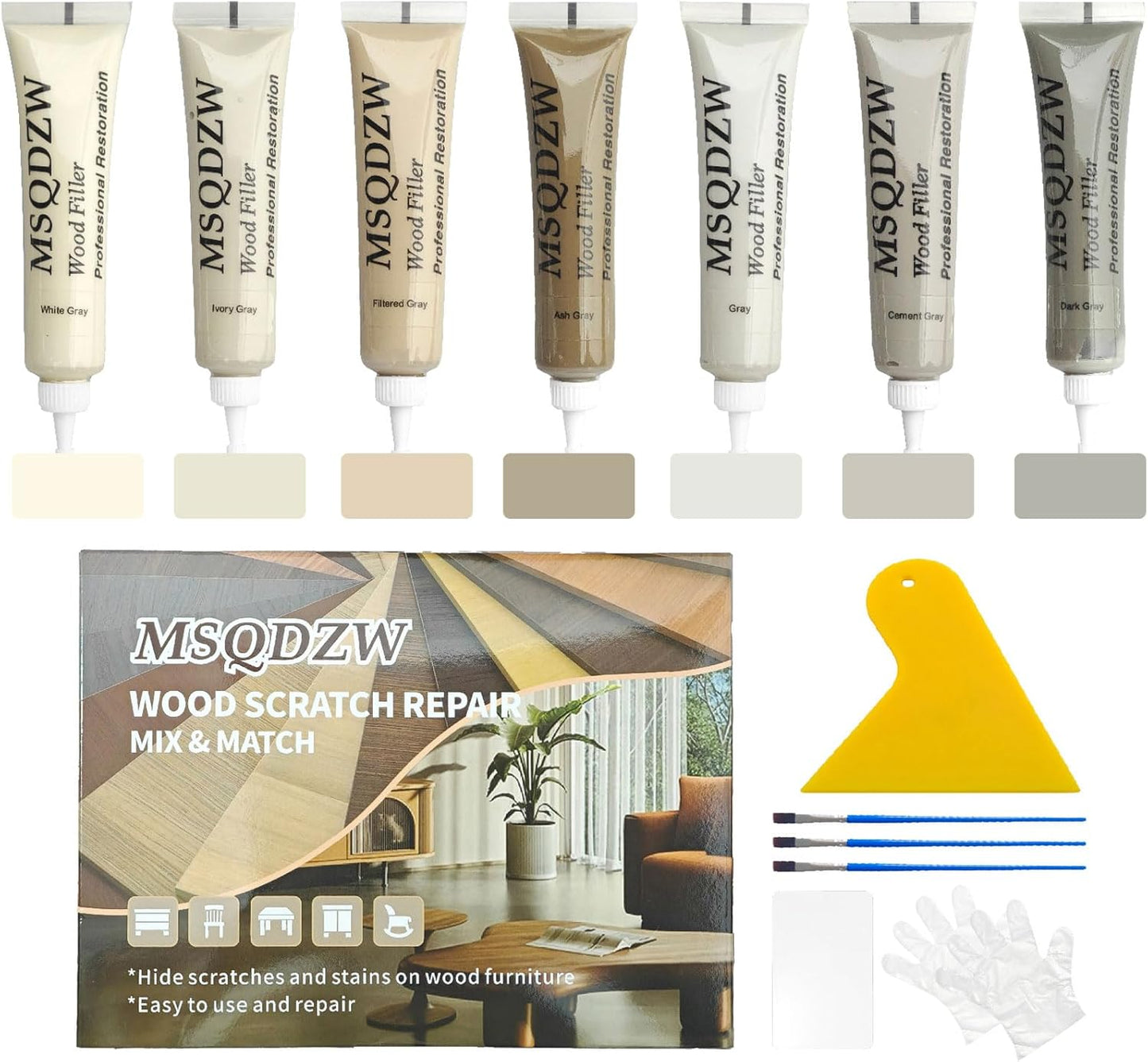 Wood Repair Kit, 13Pcs Wood Fillers, Furniture Repair Kit Scratch Cover for Wood Cracks, Stains, Discoloration for Furniture, Table, Door, Cabinet, Floor Wood Touch Up Wood Stain Paint, Gray