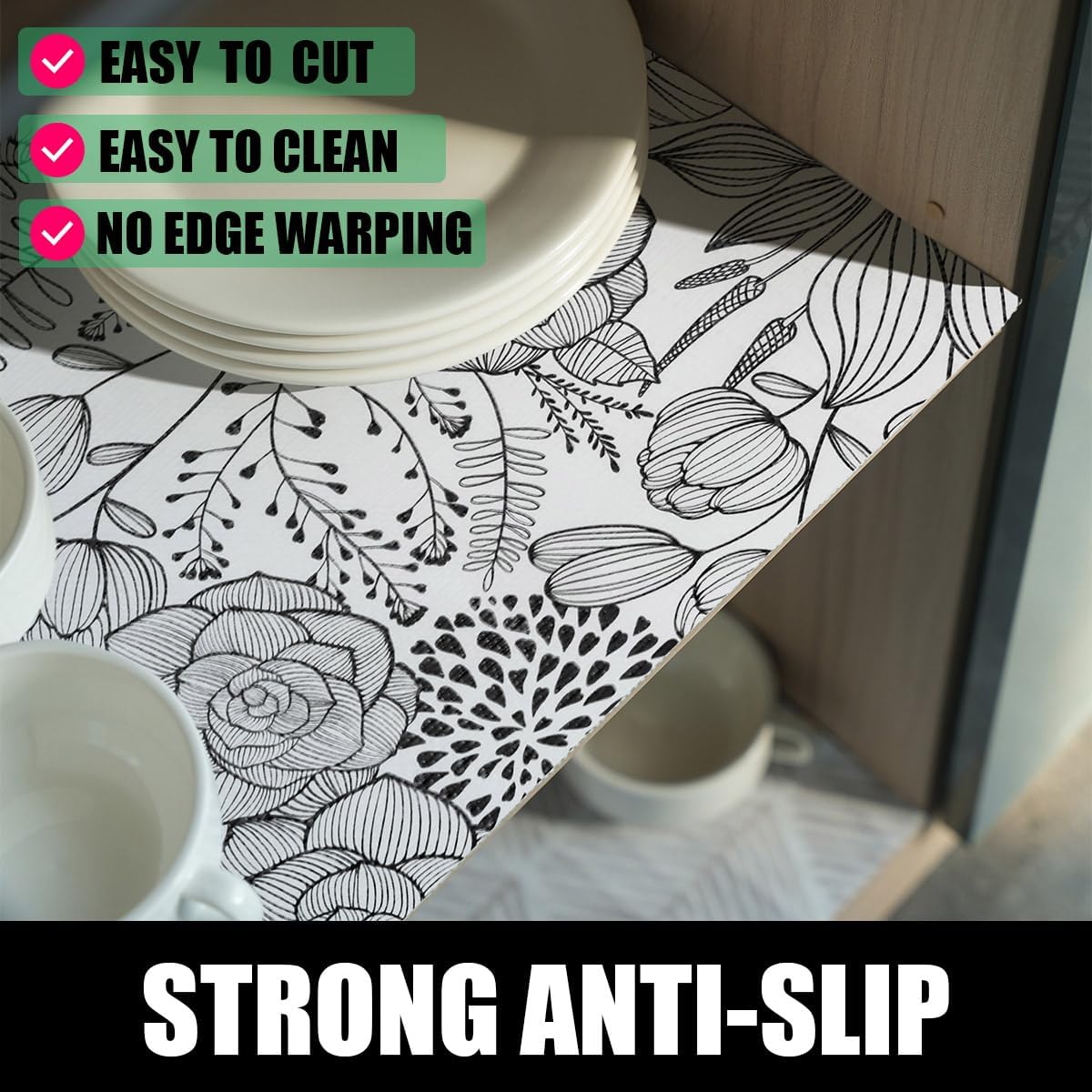 Floral Drawer and Shelf Liner for Kitchen 16IN x 10FT, Non-Adhesive and Strong Non-Slip Cabinet Drawer Liners, Waterproof Thickened Shelf Liner,Easy to Clean,Black and White