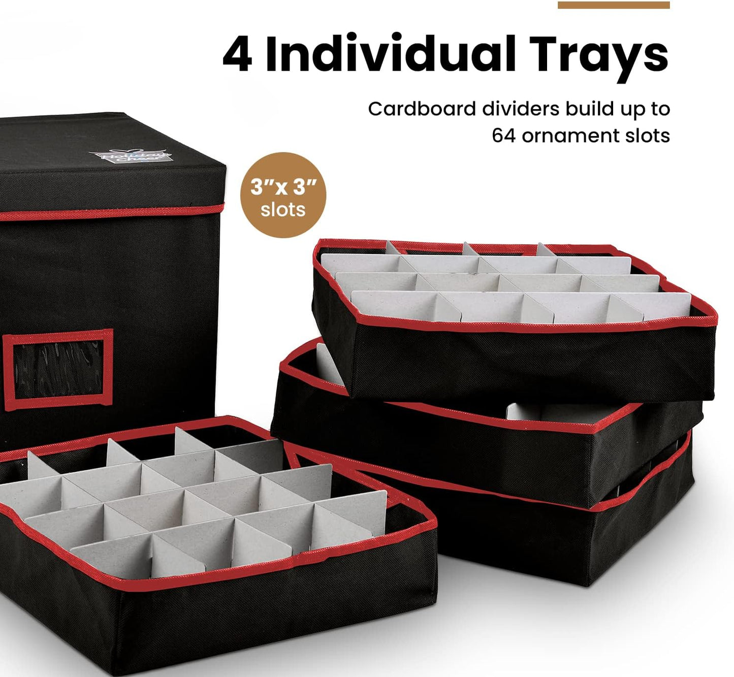 Holiday Cheer Premium Christmas Ornament Storage with 4 Tray – Christmas Storage Container with Dividers Perfect for Holiday Decorations– Fits 64 Holiday Ornaments – Tear-Proof Fabric