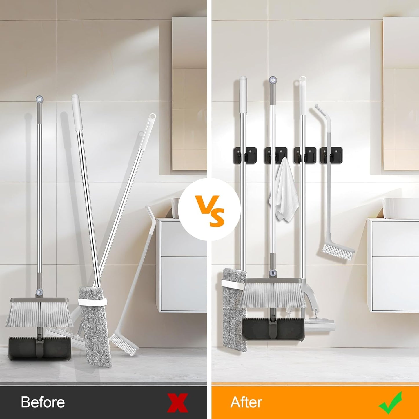 4 Pack Stainless Steel Broom Holder Wall Mount with Hook, Screw Drilling Broom and Mop Organizer Wall Hanging, Heavy Duty Storage Rack for Laundry Garage Closet Garden Tool Organizer, Black