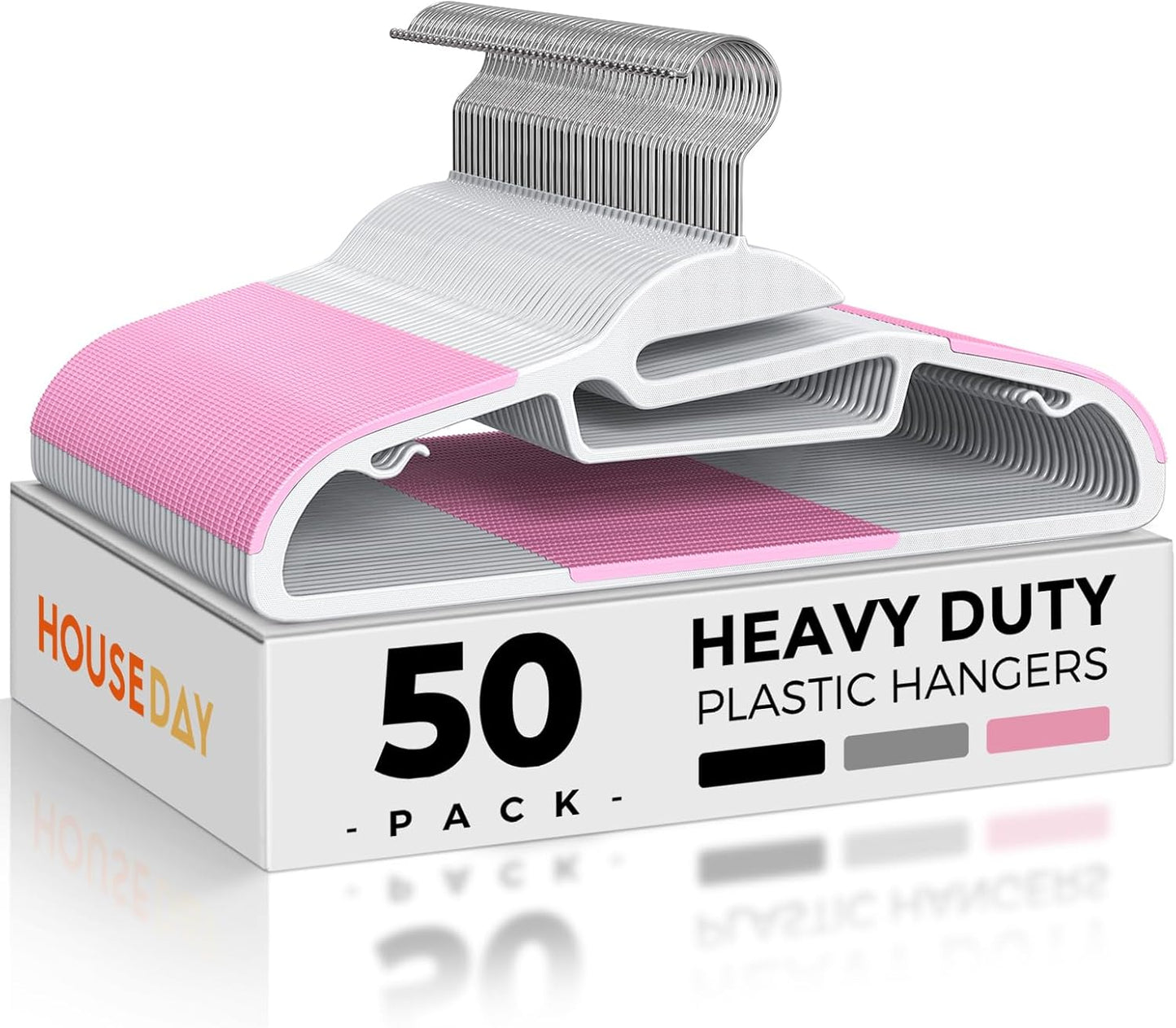 HOUSE DAY Pink Plastic Hangers 50 Pack, Slim Space Saving, Non Slip Hangers with Rubber Pads, Sturdy Coat Hanger for Closet, S-Shaped Clothes Hanger for Shirt, Suit, Pant, Skirt