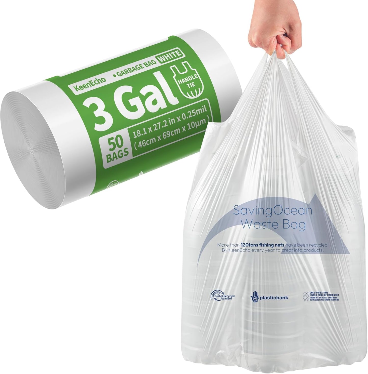 Small Trash Bags with Handles 3 Gallon 50 Count White - Ocean Plastic Upcycling - Plastic Garbage Bags, Can Bin & Waste Basket Liner for Kitchen, Bathroom, Office and Pets