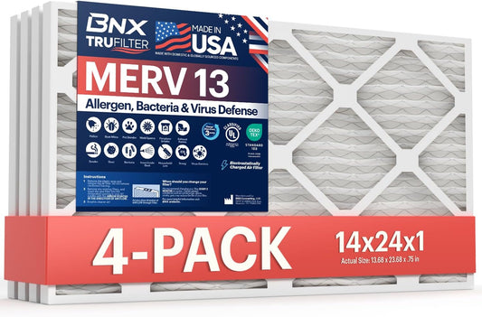 BNX TruFilter 14x24x1 Air Filter MERV 13 (4-Pack) - MADE IN USA - Electrostatic Pleated Air Conditioner HVAC AC Furnace Filters for Allergies, Pollen, Mold, Bacteria, Smoke, Allergen, MPR 1900 FPR 10