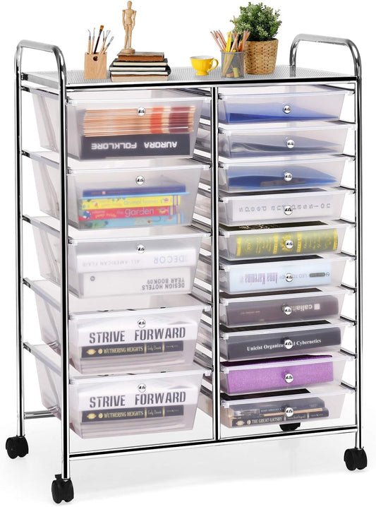GOFLAME 15-Drawer Rolling Storage Cart, Multipurpose Movable Organizer, Utility Cart for Home, Office, School, Clear
