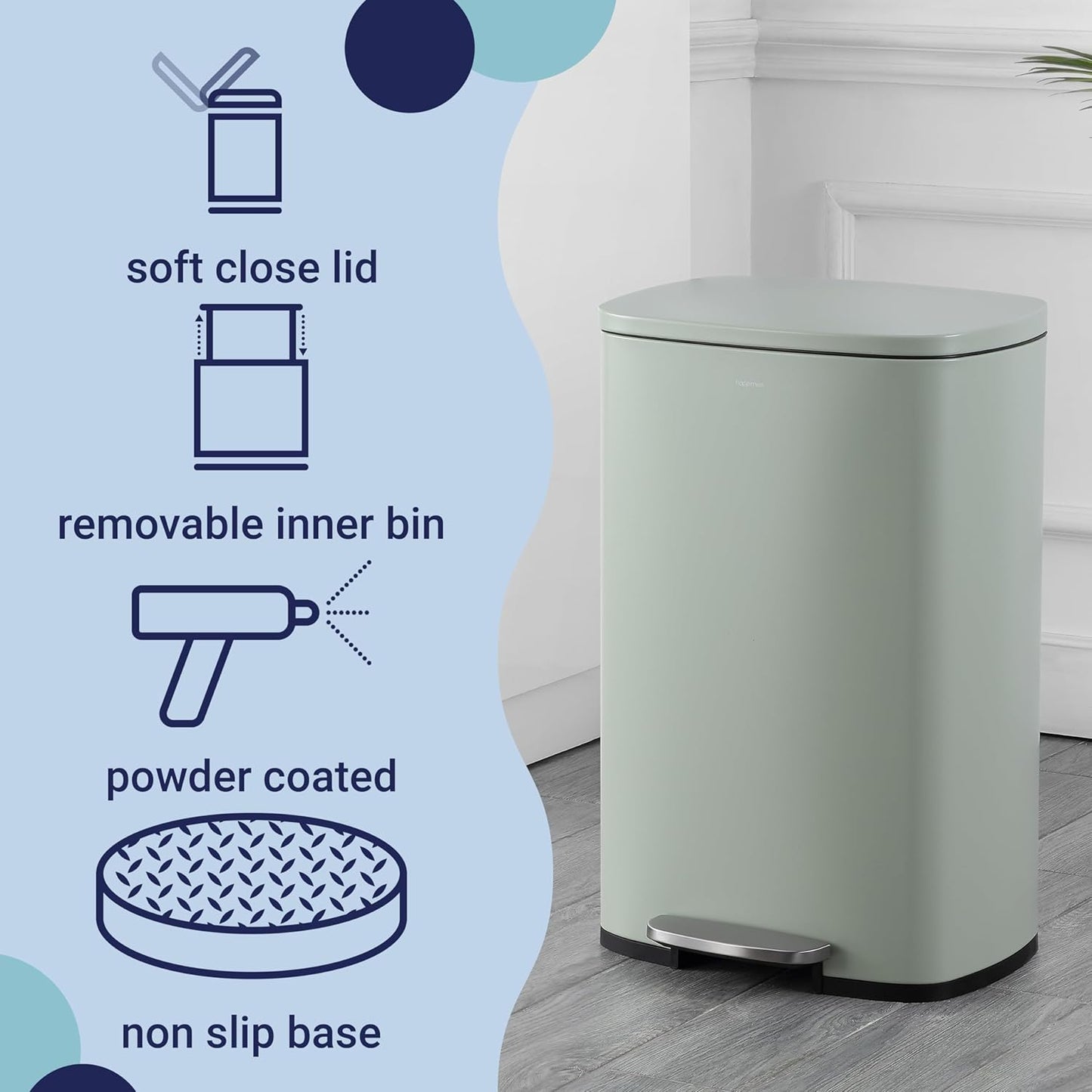 happimess HPM1006E Connor Rectangular 13-Gallon Trash Can with Soft-Close Lid and Free Mini Trash Can, Fingerprint Resistant, Modern, Minimalistic for Kitchen, Office, Bathroom, Pistachio Gelato