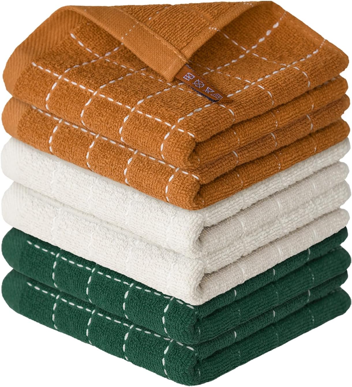 Artoid Mode Checkered Designed Cotton Beige Caramel Green Terry Kitchen Dish Cloths, 12x12 Inch Soft Absorbent Quick Drying Kitchen Rags Set of 6