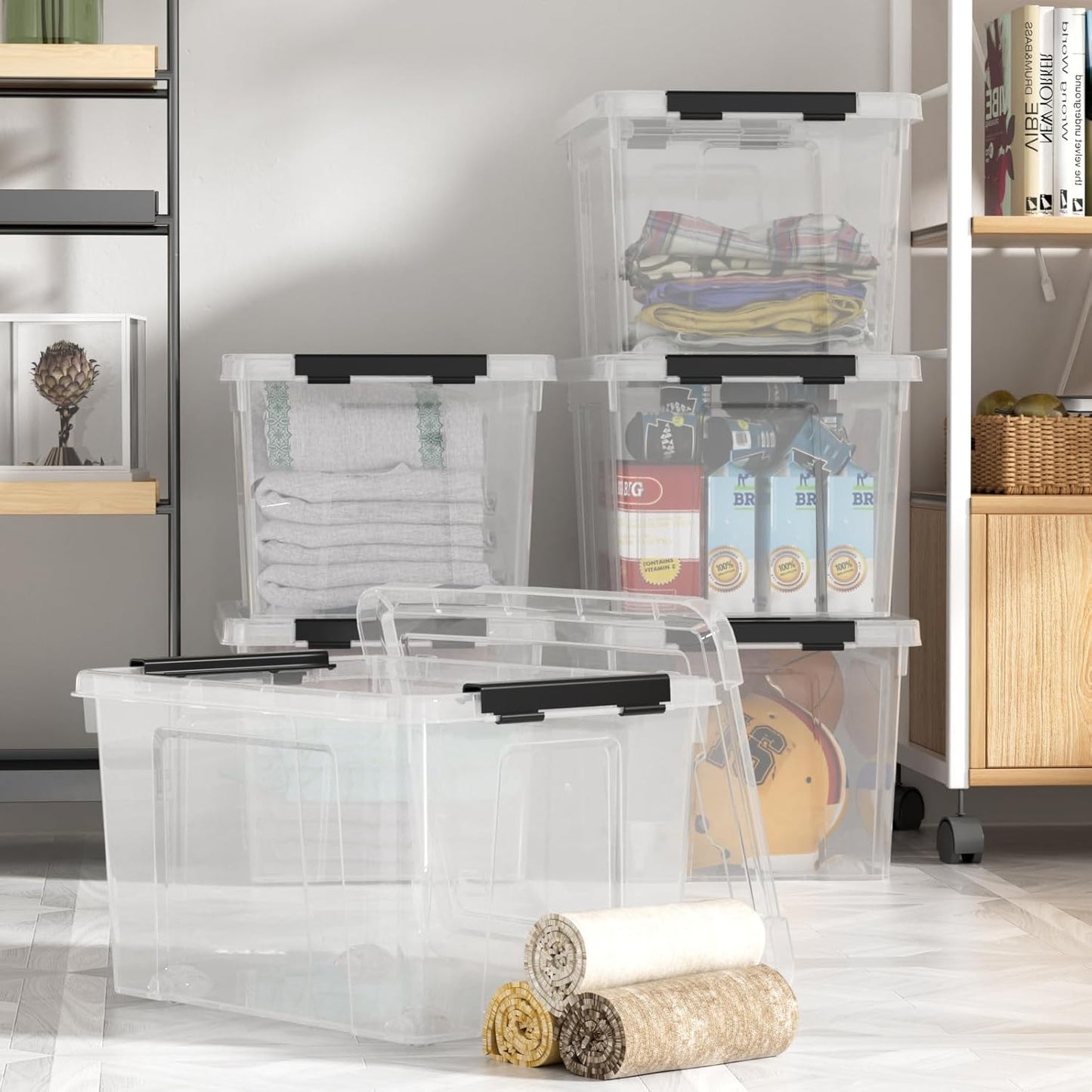 4-Pack 50 Quart Large Clear Storage Box, Plastic Storage Latch Bin