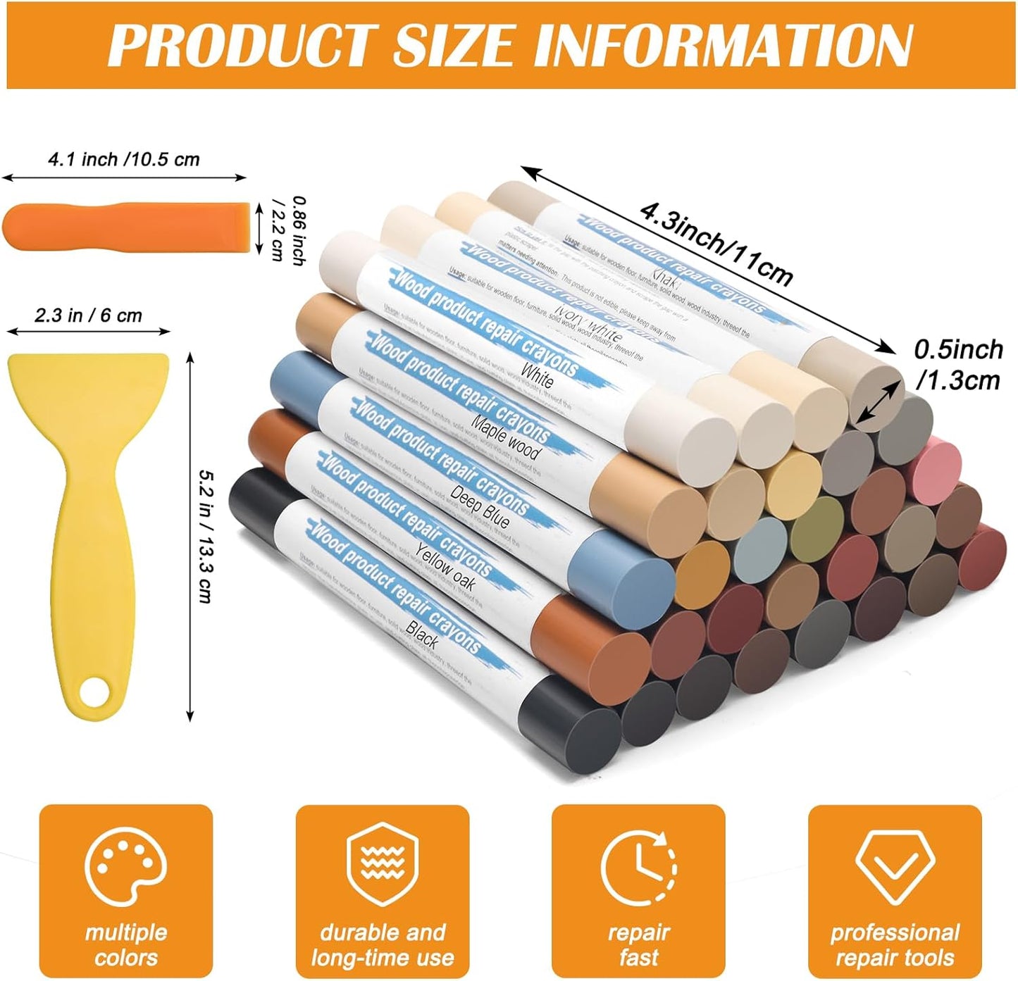 30+2P Wood Filler Sticks, Windspeed 30 Colos Wood Filler Putty Wax Crayons Furniture Repair Kit Putty Stick for Baseboard Cabinets Furniture Floors(with 2 Scrapers)