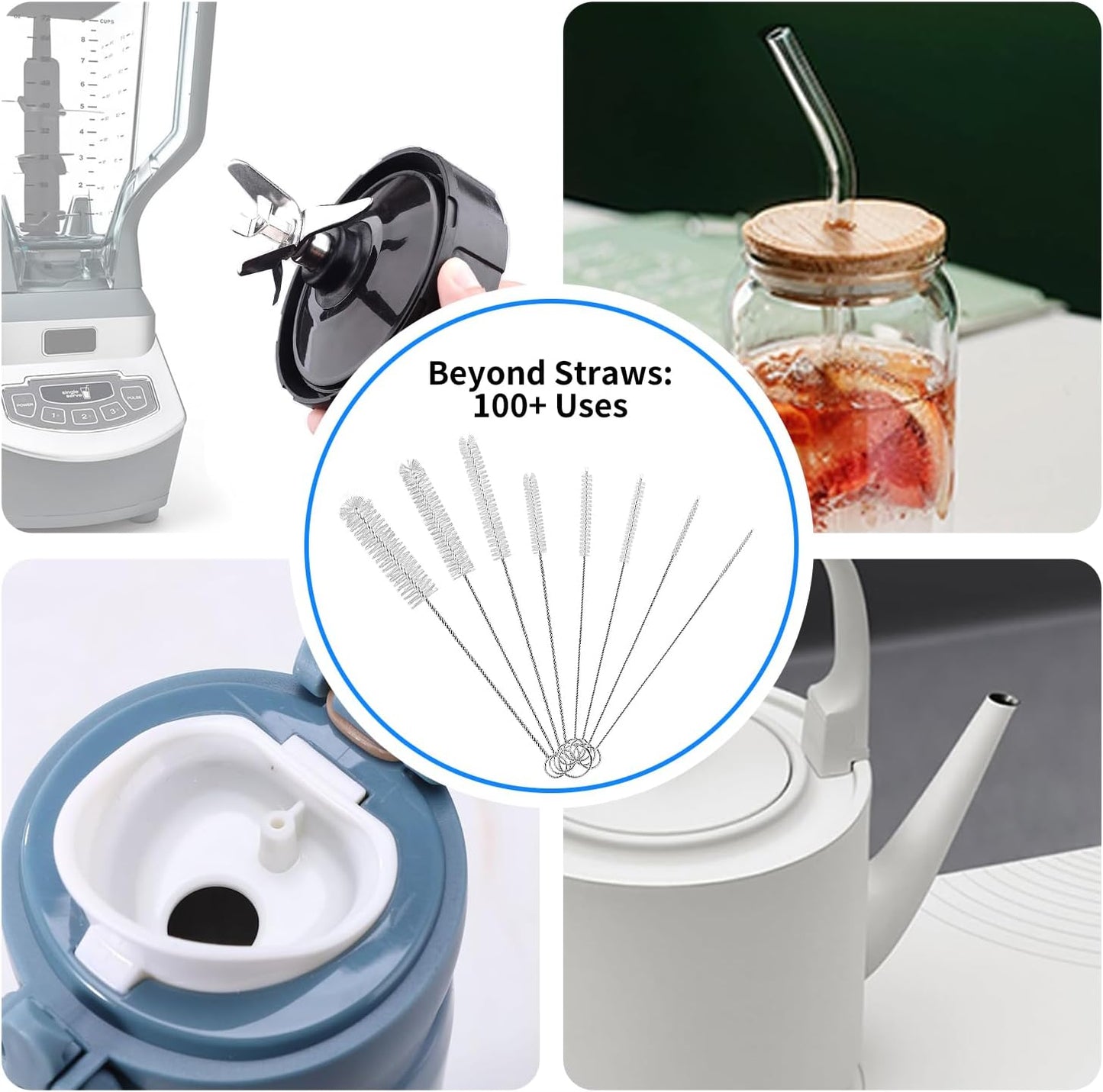 8 Pack Straw Brush Cleaner with Different Diameters (3mm-30mm) - 12" Long Nylon Brush for Water Bottles, Baby Bottles, Sippy Cups & Tumblers | Reusable Tube Cleaner for Straws and Narrow Pipes