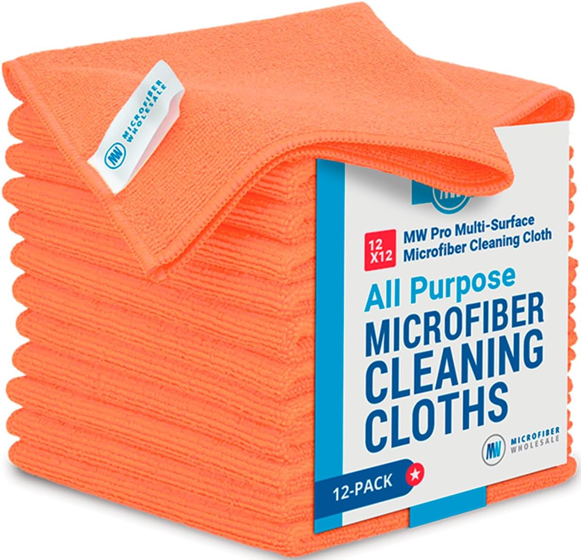 12" x 12" MW Pro Multi-Surface Microfiber Cleaning Cloths | Orange - 12 Pack | Premium Microfiber Towels for Cleaning Glass, Kitchens, Bathrooms, Automotive, Supplies & Products