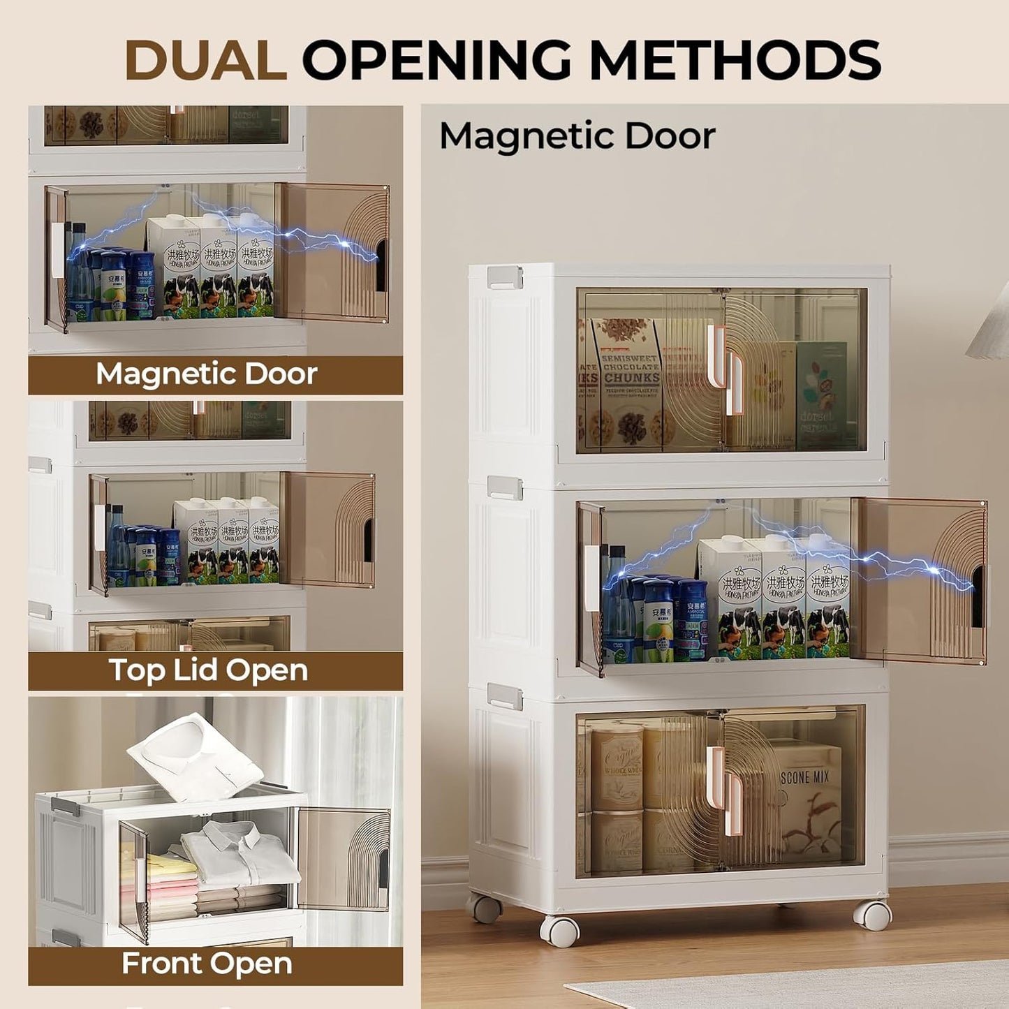 Elegant 3 Tiers Stackable Storage Bins for Home Organization, Moveable Plastic Storage Bins with Lids, Easy Assembled Storage Box for Closet Organizers and Storages Dorm 22" W x 12.4" D x 37.6" H