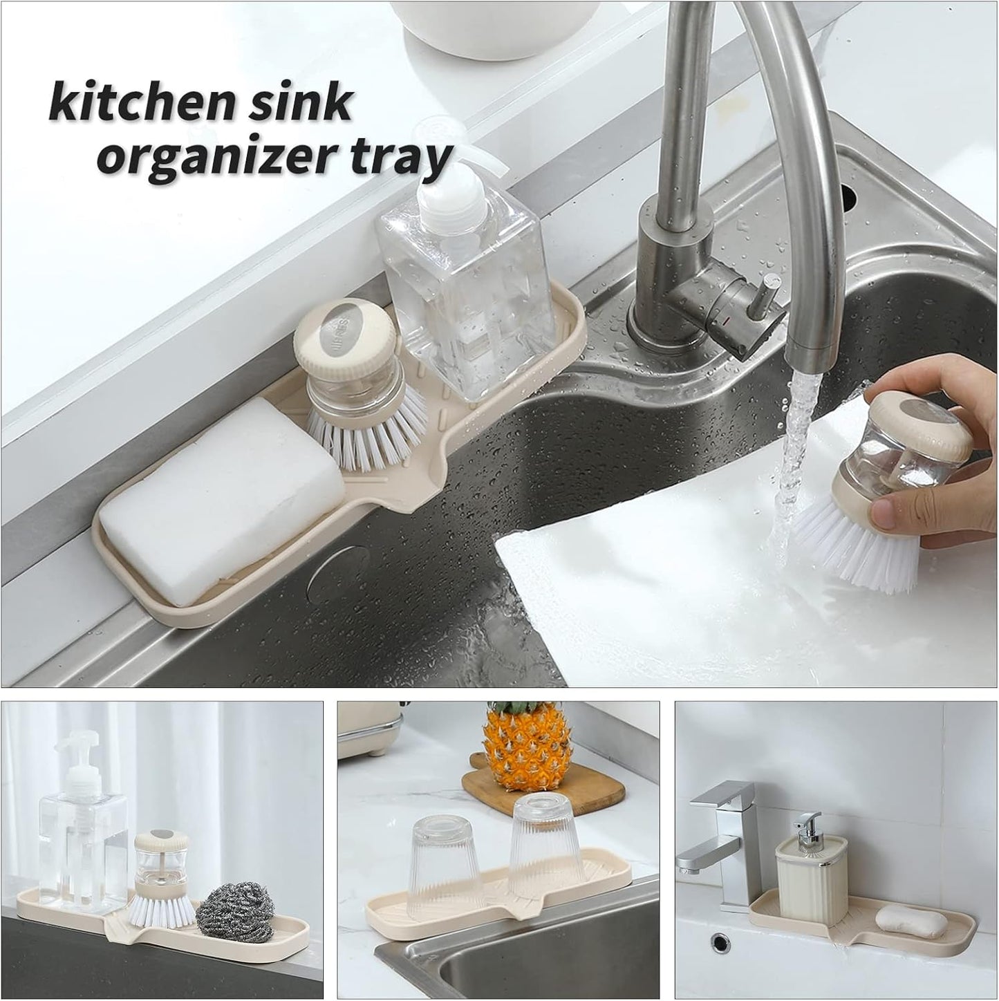 Silicone Bathroom Soap Dishes with Drain Spout-Bathroom and Kitchen Sink Organizer,Sponge Holder,Dish Soap Tray,Perfect for Dispenser,Scrubber,Bottle,Cup on Sink or Counter-Tapioca 12"×4"