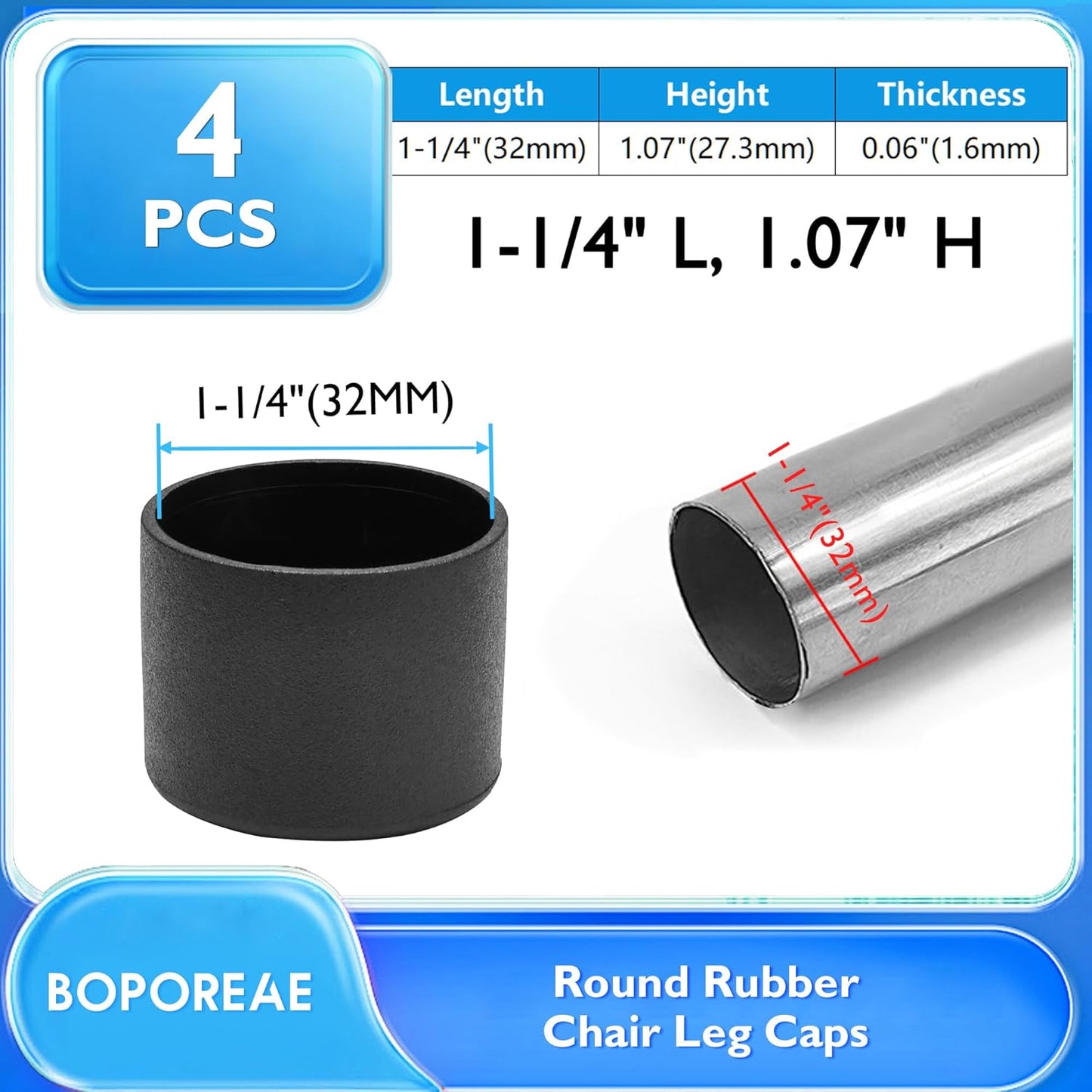 4 Pcs 1-1/4" Round Rubber Chair Leg Caps, PVC Table Leg Covers, Flexible & Anti-Slip Furniture Leg End Caps, Chair Leg Floor Protectors for Bar Stool Leg Patio Indoor, Black