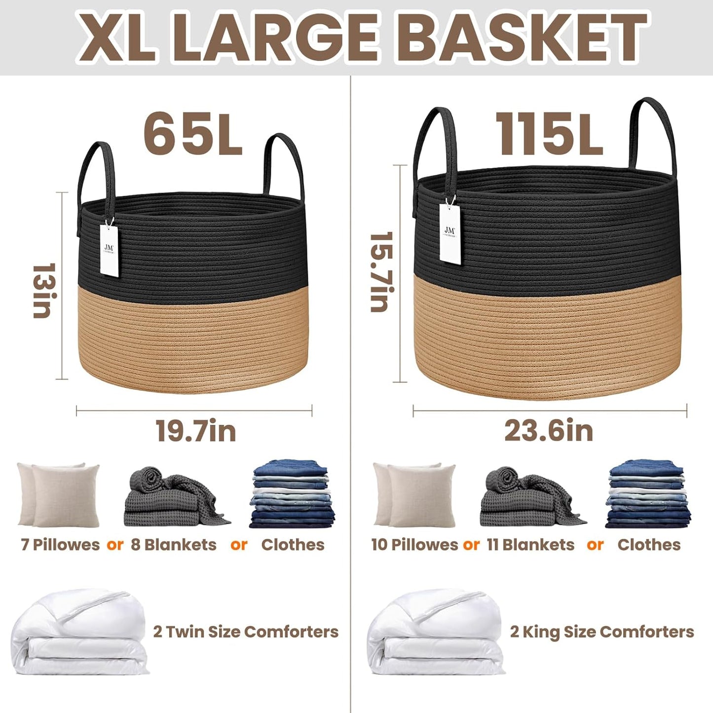 Woven Blanket Basket,115L Large Rope Storage Bin with Handles, Organizer for Blankets Toys Book and Clothes, Laundry Basket for Living Room Bedroom Nursery,Black&Jute