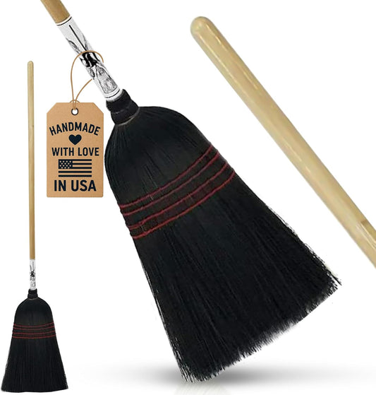 Handmade Amish Corn Broom with Wooden Handle – 57" Heavy Duty Broom for Courtyard, Lobby & Market, 100% Corn Fill Straw Broo'm, 4 Sews Indoor & Outdoor Bristle for Sweeping - Black