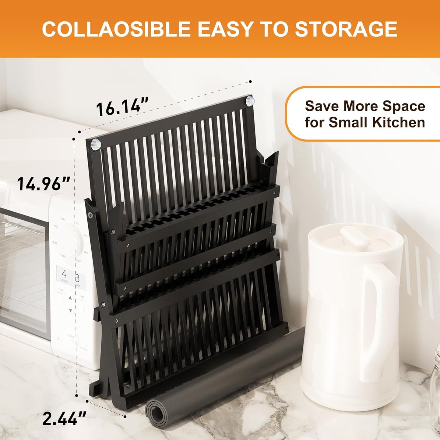 Greenual Black Bamboo Dish Drying Rack with Utensil Holder, 3 Tier Collapsible Dish Rack, Wooden Dish Racks for Kitchen Counter, Large Folding Drying Holder with Absorbent Dish Drying Mat