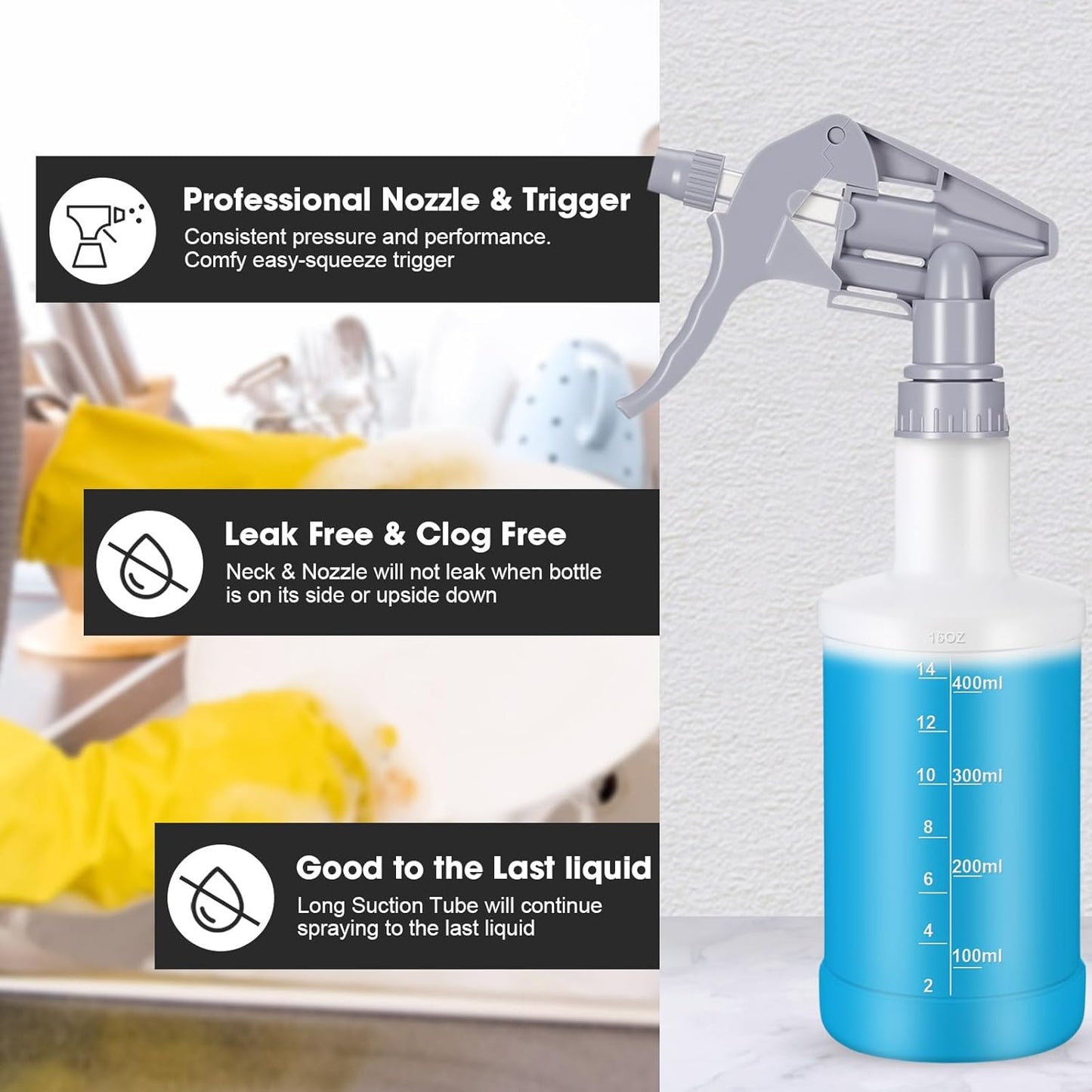 Eccliy 12 Pcs 16 Oz Plastic Spray Bottle, Adjustable Empty Reusable Sprayer for Cleaning, Planting, Water, Bathroom and Kitchen, BBQ, Commercial and Residential(Pure Grey Clear,Measurement)