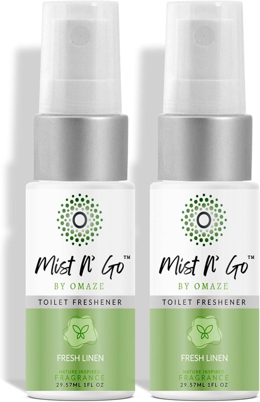 Mist N' Go by Omaze Travel Bathroom Spray - Toilet Odor Eliminator & Air Freshener - Fresh Linen (1oz x2)