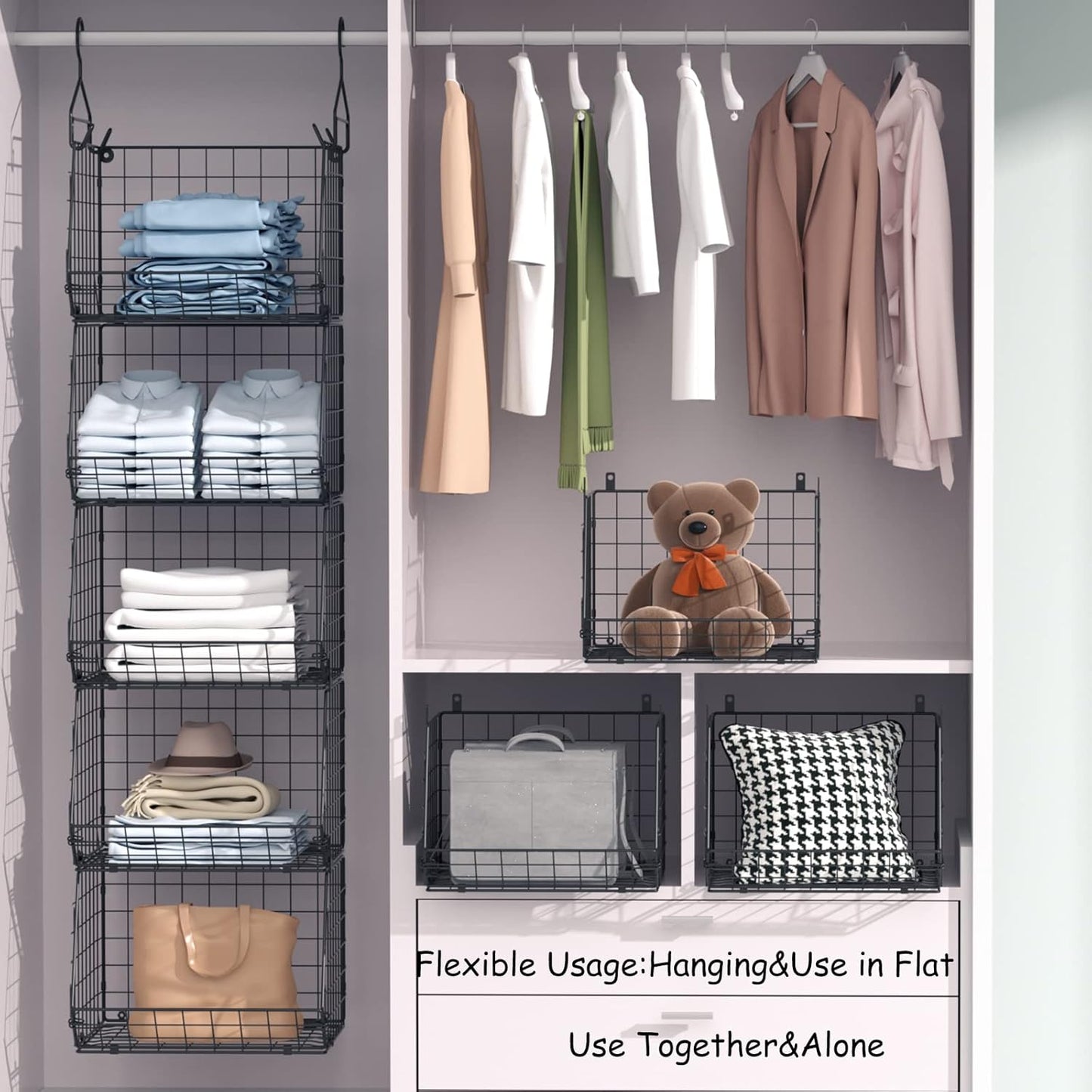 4 Tier Closet Hanging Organizer, Closet Organizers and Storage with 5 S Hooks, Closet Hanging Shelves & Freestanding Wire Storage Basket Bins, for Clothing Shoes Handbags Clutches Accessories Patent