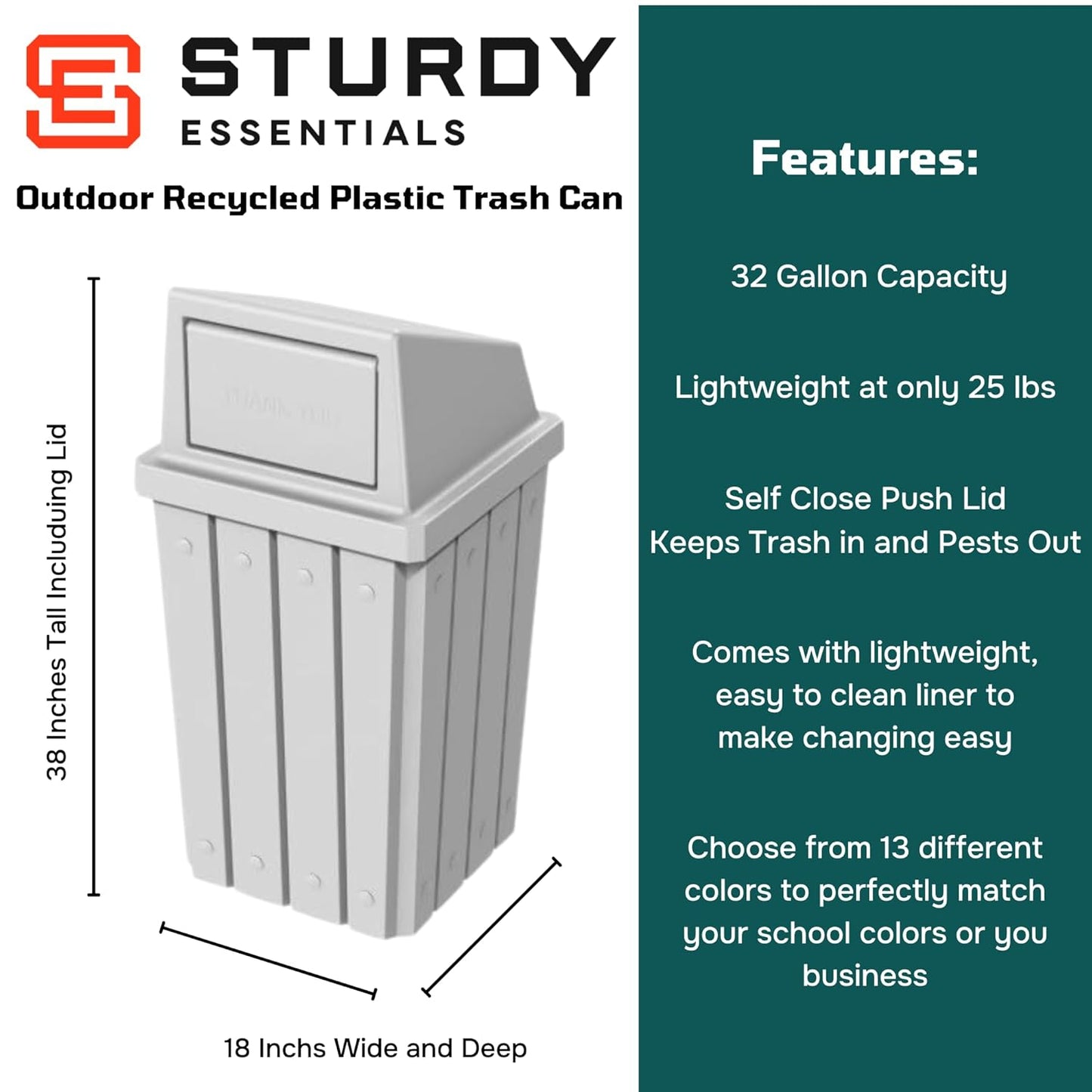 32 Gallon Square Slatted 100% Recycled Plastic Heavy-Duty Commercial Outdoor or Indoor Trash Can with Push Top Lid | Great for Schools and Businesses - White