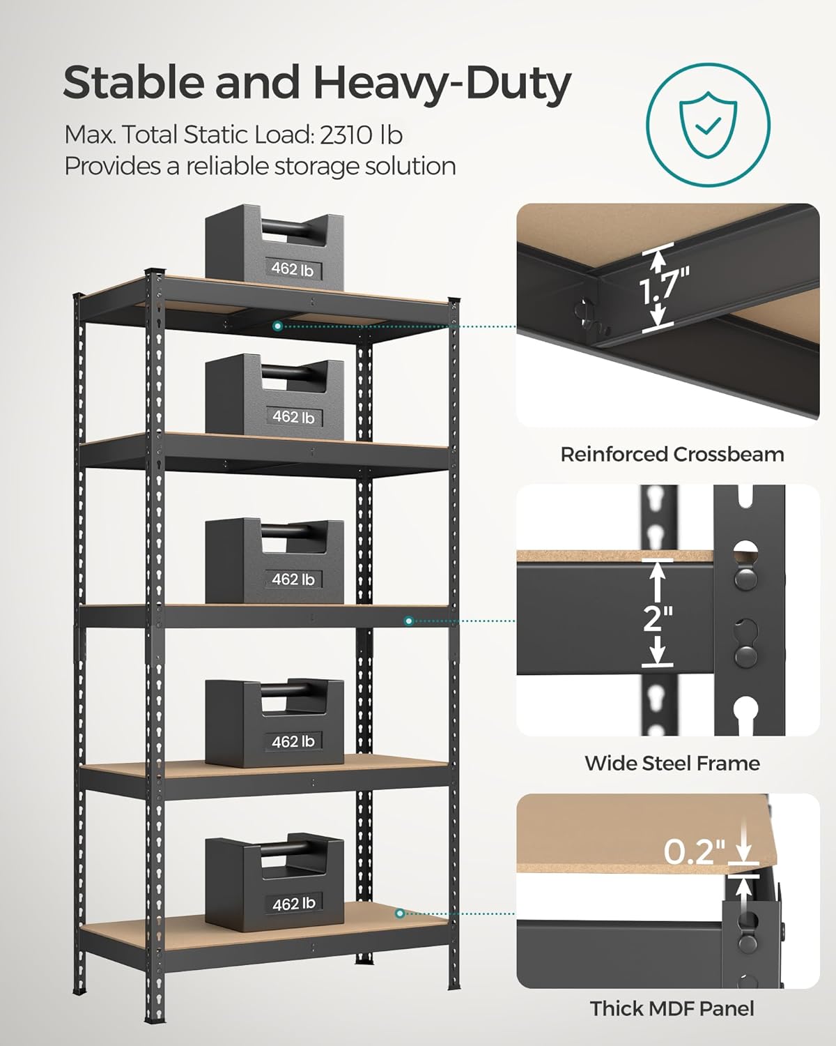 SONGMICS 5-Tier Storage Shelves, Load 2310 lb, Set of 2 Garage Storage, Boltless Assembly, Adjustable Shelving Unit, 17.7 x 35.4 x 70.9 Inches, for Study Shed Basement, Black UGLR450B02