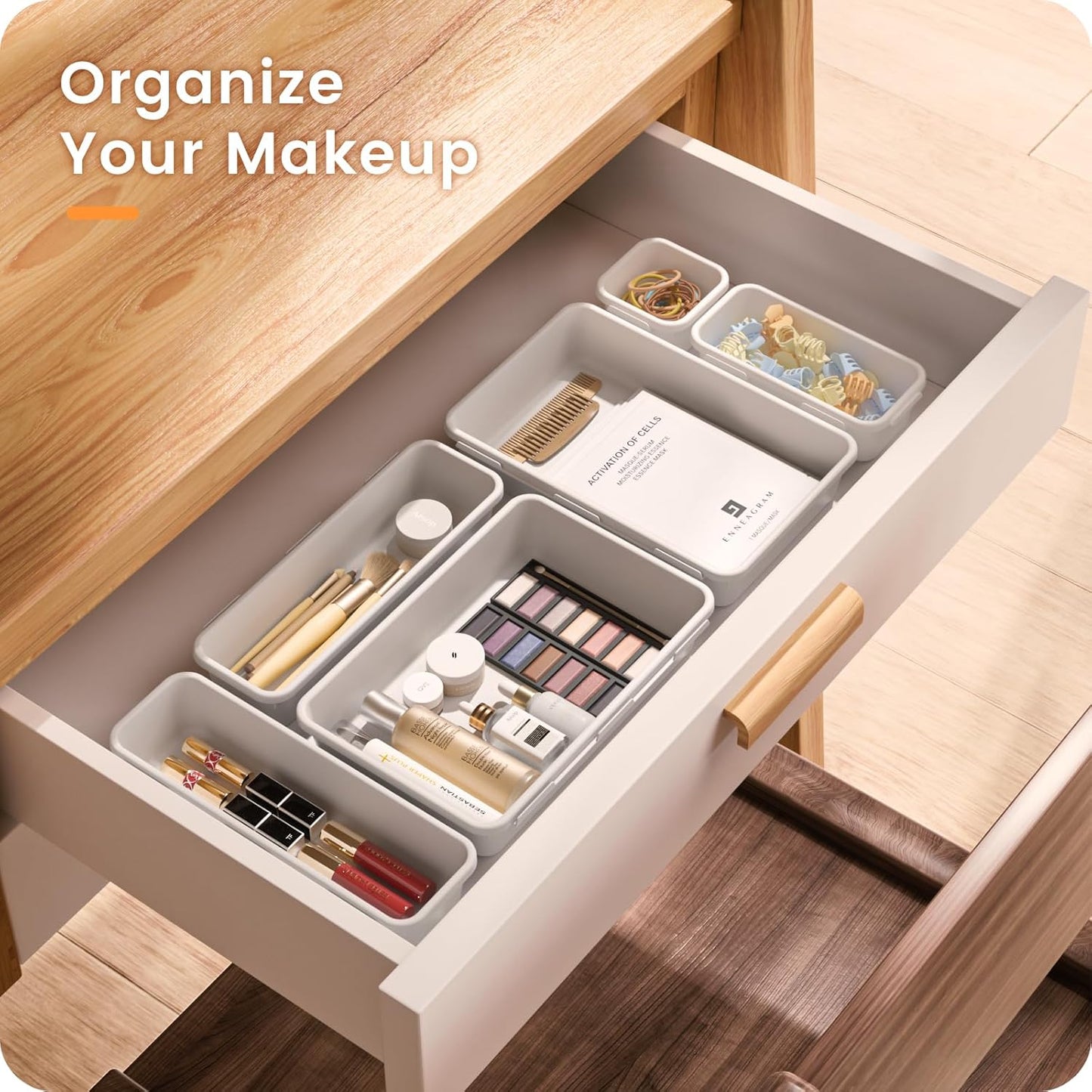 A-LuGei 【28PCS】 Drawer Organizer, Bathroom Organizers and Storage, Makeup organizer, Desk drawer organizer, Storage Bins for Kitchen Office Bedroom Vanity Jewelry Pantry Garage【White】【4Size】