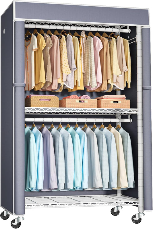FUTASSI White Clothing Rack with Grey Cover, P1C Rolling Closet Rack with Wheels, Metal Garment Rack for Hanging Clothes, Clothing Storage Wardrobe, 36.2" W x 16.5" D x 80.5" H, Load 450 Pounds