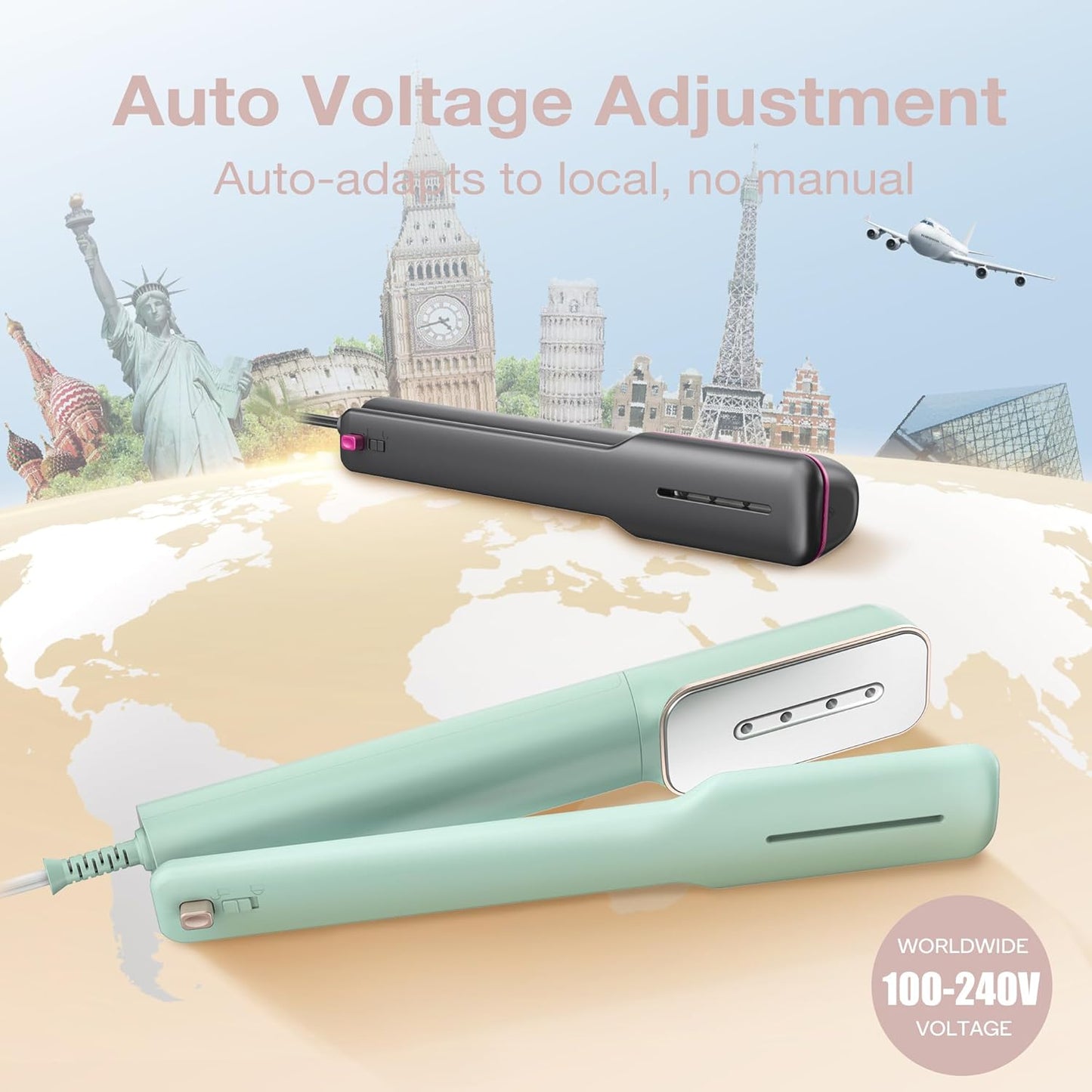 Newbealer 3in1 Clamp Travel Steam Iron with Global Voltage, 100-240V Clothes Steamer, Dry Ironing & 2 Steam Levels, Non-Stick Ceramic Soleplate, Auto-Off, Self Cleaning, w/Detachable Clamp (Ashpink)