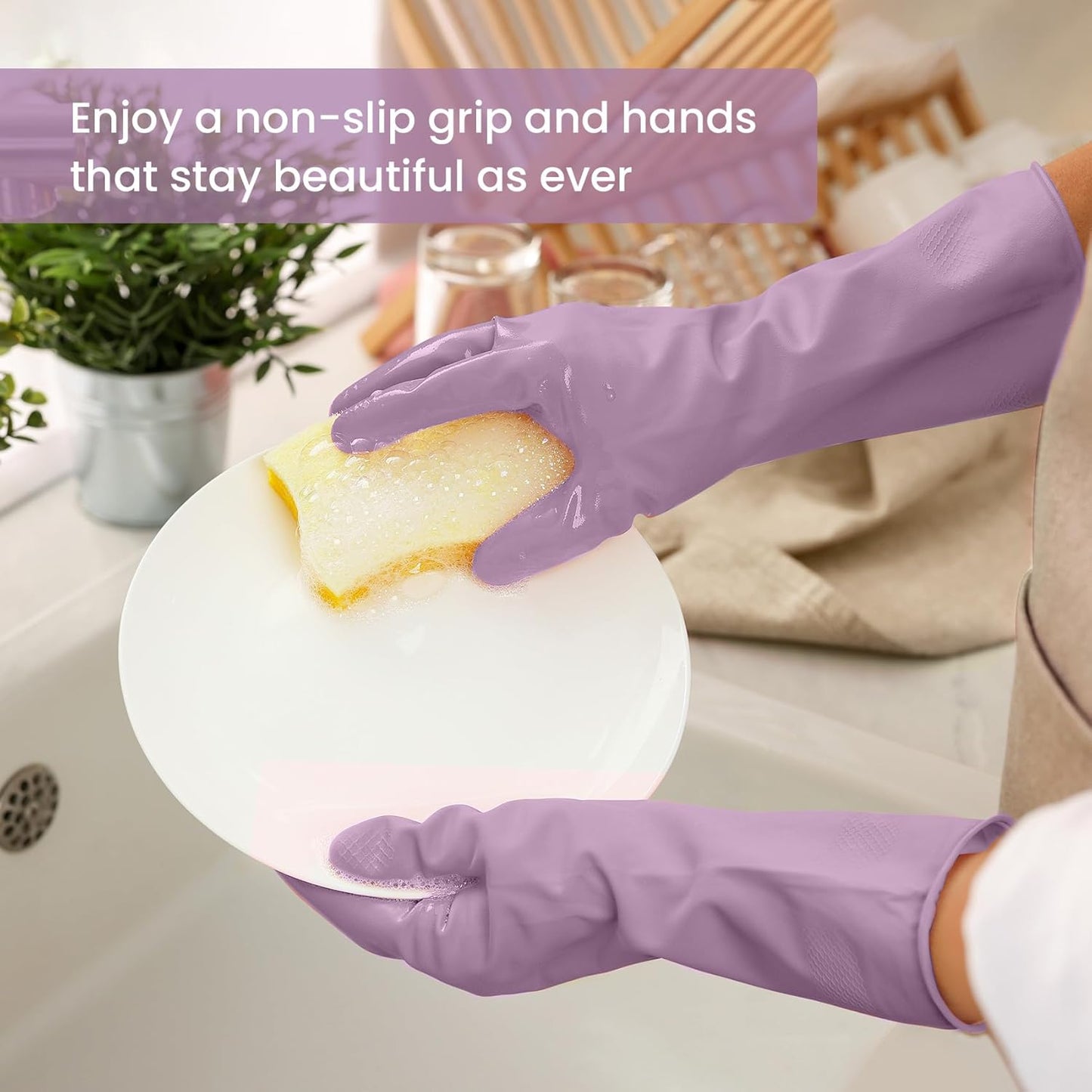 Rubber Cleaning Gloves for Dishwashing, 4 Pairs Reusable Kitchen Gloves for Washing Dishes and Household Cleaning, Purple Dish Gloves with Flocked Lining and Non-Slip Grip, Pefect for Woman Men - M