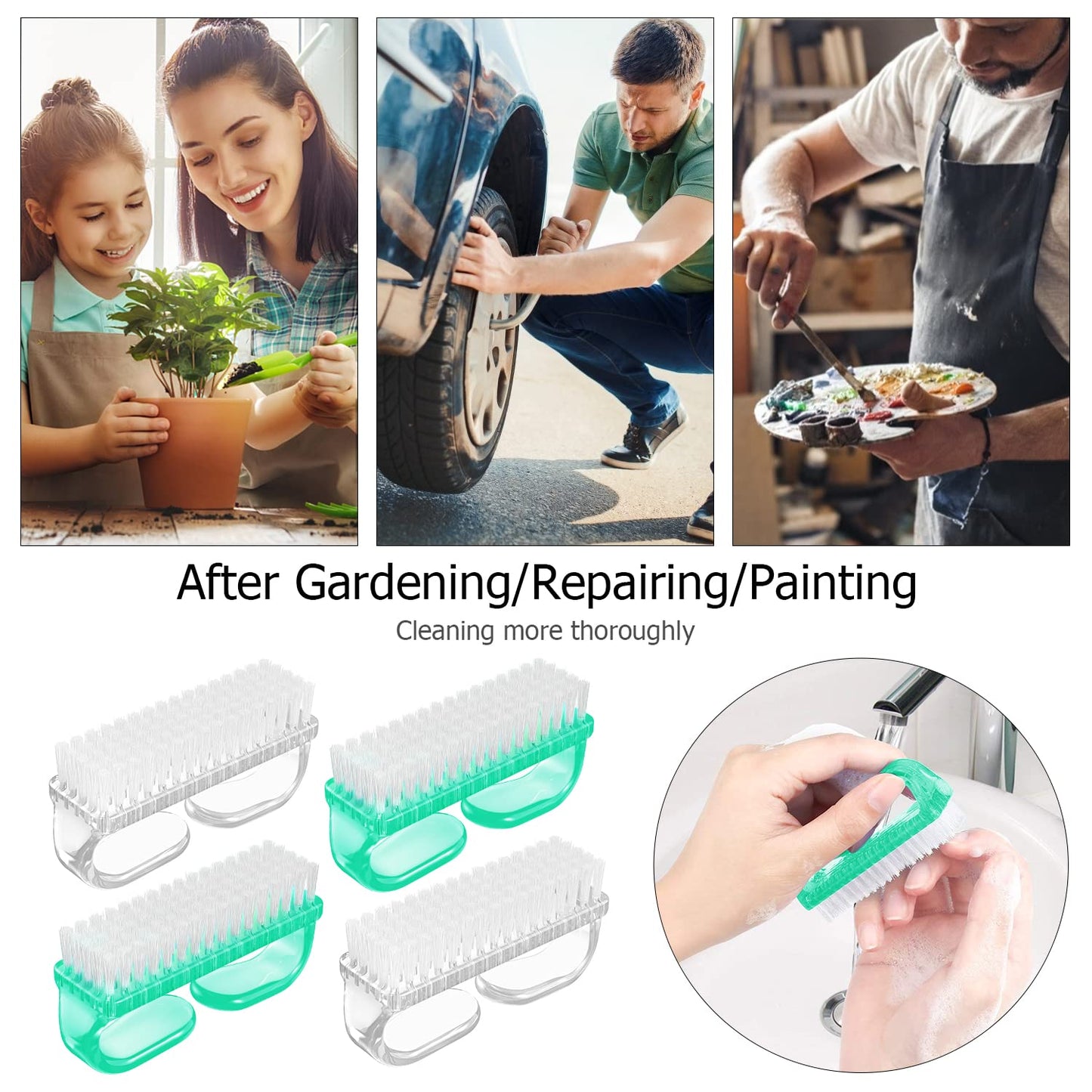 Handle Grip Nail Brush, Hand Fingernail Brush Cleaner Scrubbing Kit Pedicure for Toes and Nails Men Women (4 Pack)