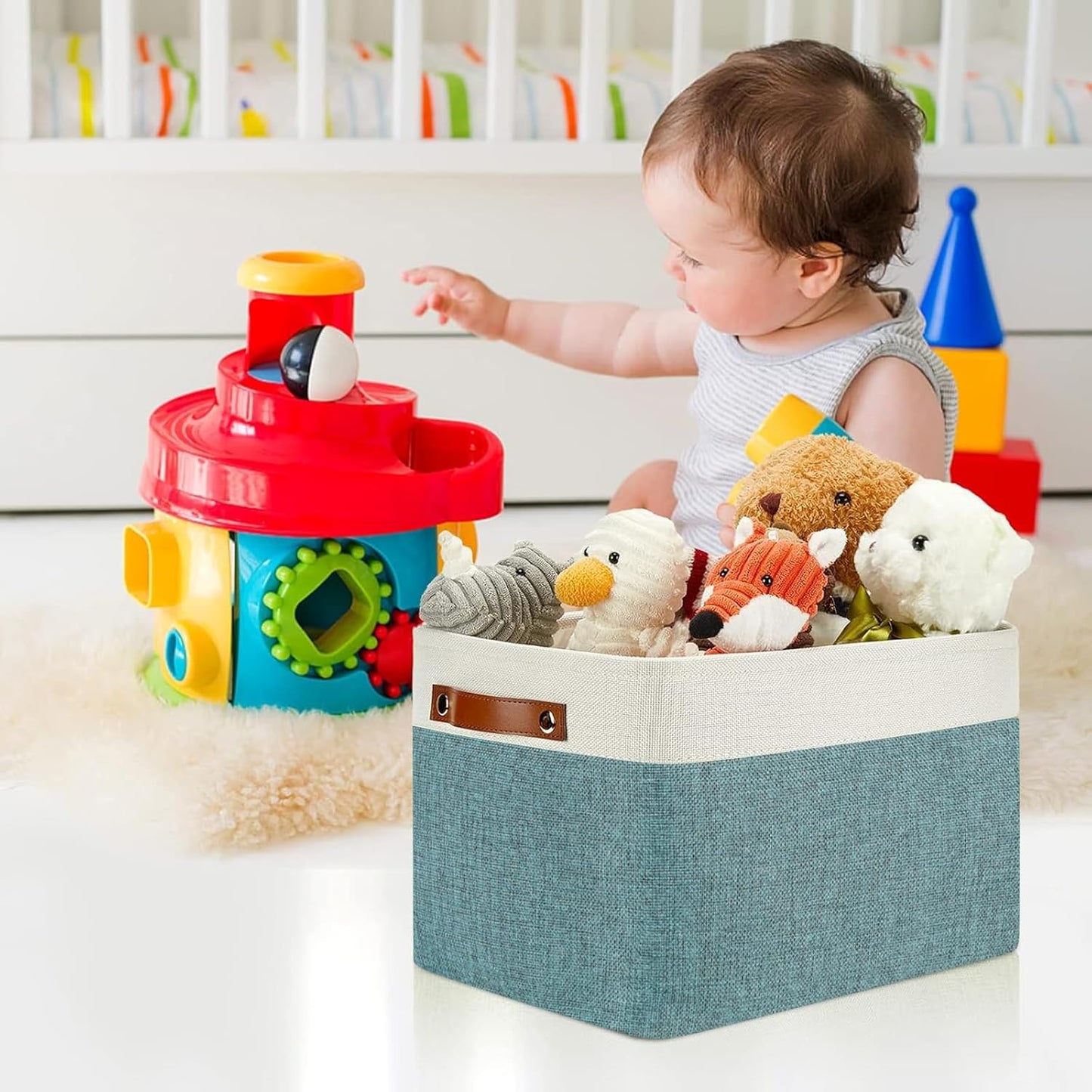 DULLEMELO Storage Baskets for Shelves, Fabric Collapsible Rectangular Storage Bins for Shelves, Closets, Nursery, Home, Office, Empty Gift Baskets (4-Pack-15"*11"*9.5", White&Deep Green)