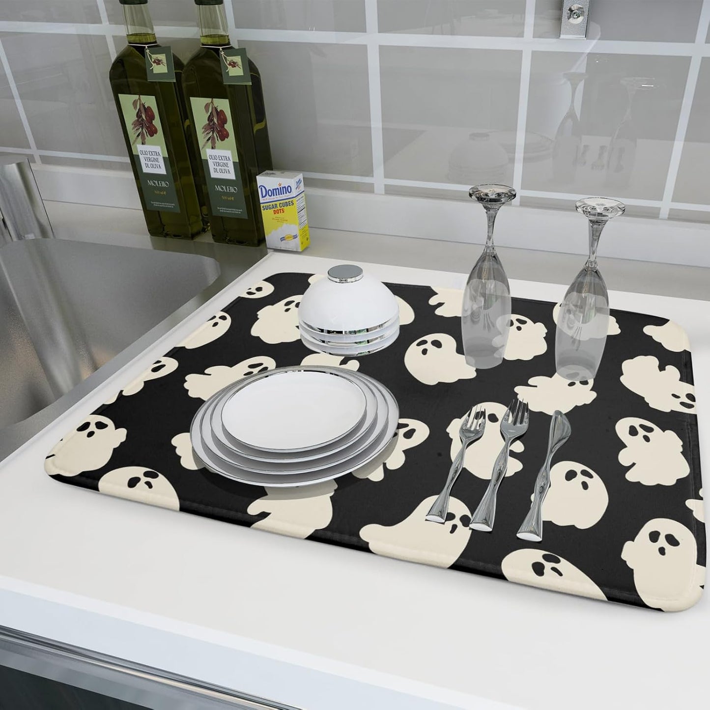 Halloween Ghosts Dish Drying Mat for Kitchen Counter Halloween Cute Ghost Drying Dish Mat 18”x24” Absorbent Microfiber Reversible Kithchen Mats for Countertop Fast Dry Dish Draining Mats for Halloween