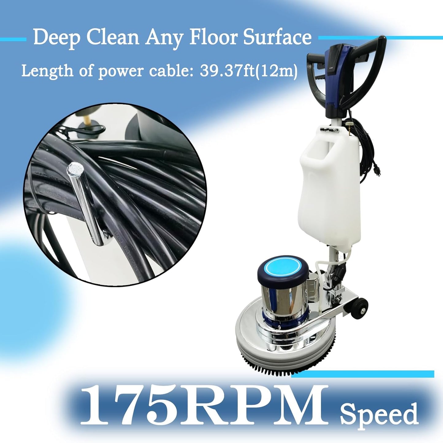 18" Commercial Floor Scrubber & Polisher Heavy Duty Multi-Surface Buffer Cleaner for Wood, Tile, Epoxy, Carpet - 175 RPM, 12L Tank, Low Noise, Industrial & Home Use 110V
