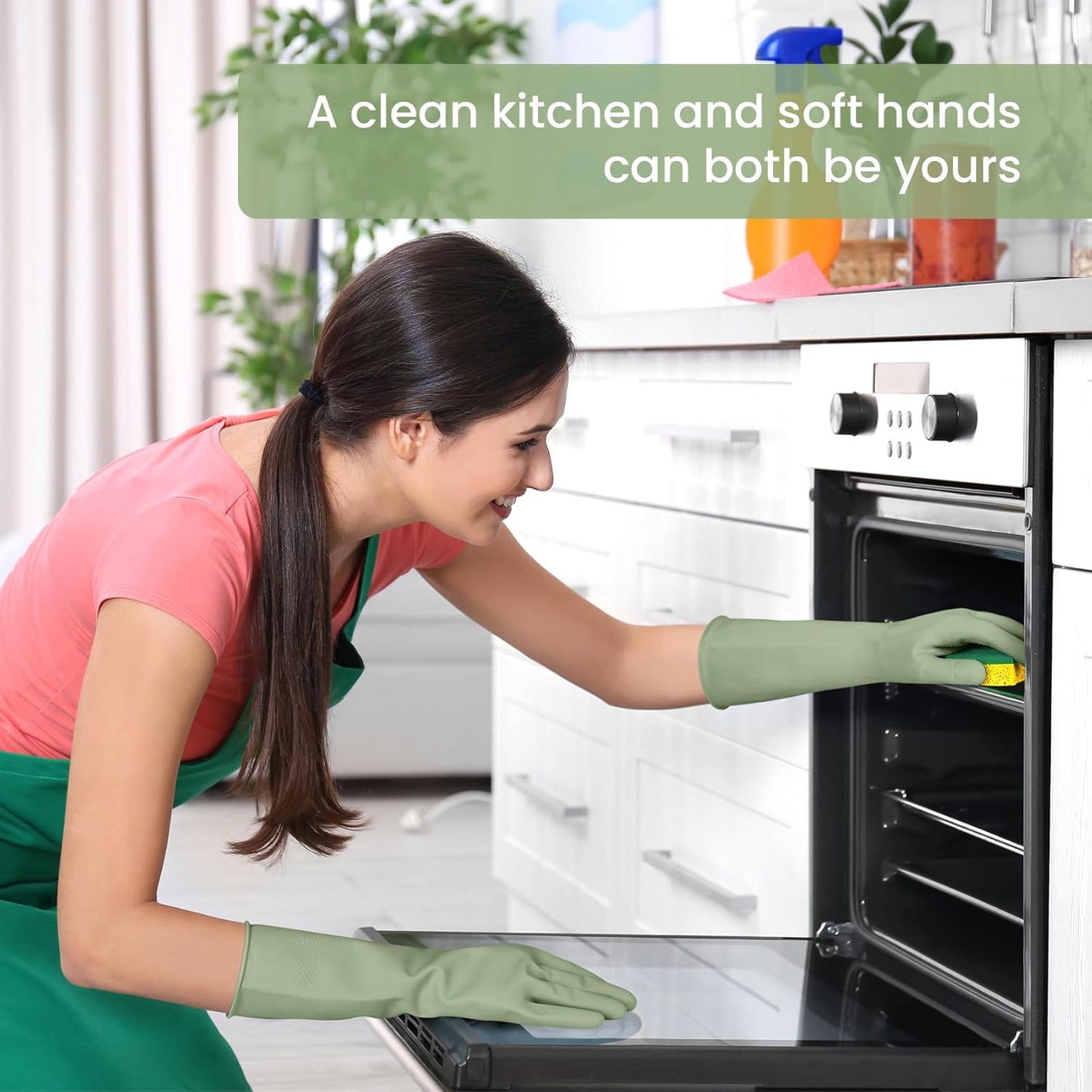 Rubber Cleaning Gloves for Dishwashing, 4 Pairs Reusable Kitchen Gloves for Washing Dishes and Household Cleaning, Green Dish Gloves with Flocked Lining and Non-Slip Grip, Pefect for Woman Men - M