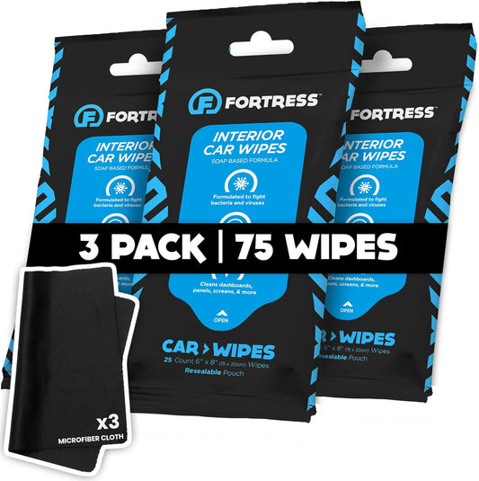Fortress Car Interior Wipes with Microfiber Cloth (25 ct, Pack of 3) for Car Interior Cleaning, Dashboard, Seats, Detailing, and Steering Wheel [Travel Size] Skin-Safe Car Interior Cleaner Supplies